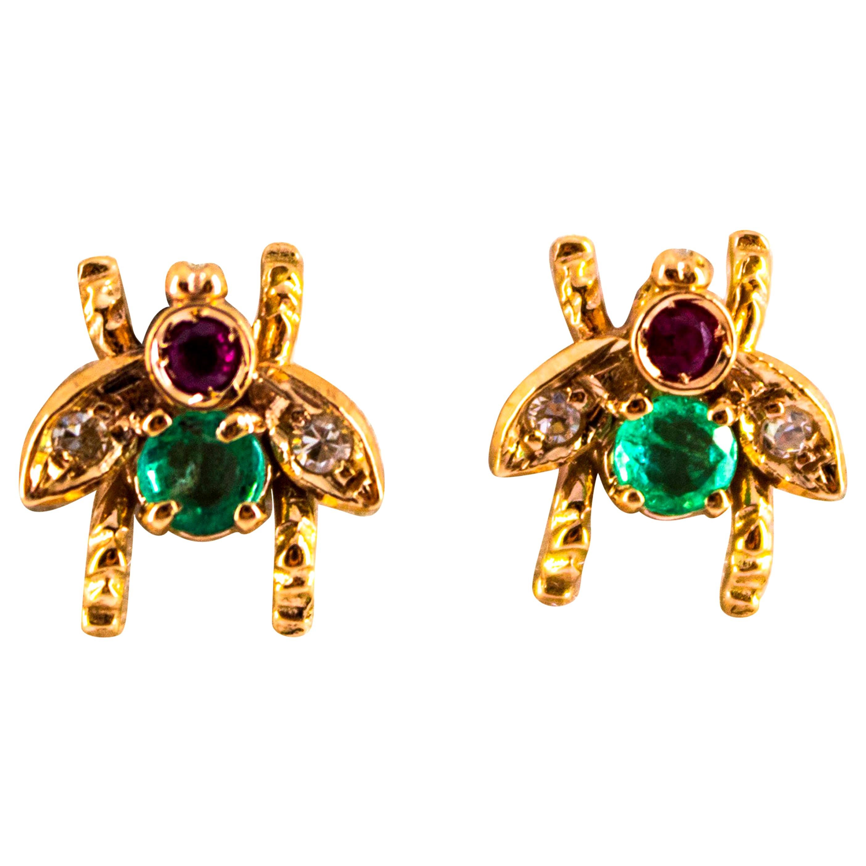 0.30 Carat Emerald Ruby 0.08 Carat White Diamond Yellow Gold Stud Flies Earrings