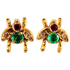 Vintage 0.30 Carat Emerald Ruby 0.08 Carat White Diamond Yellow Gold Stud Flies Earrings