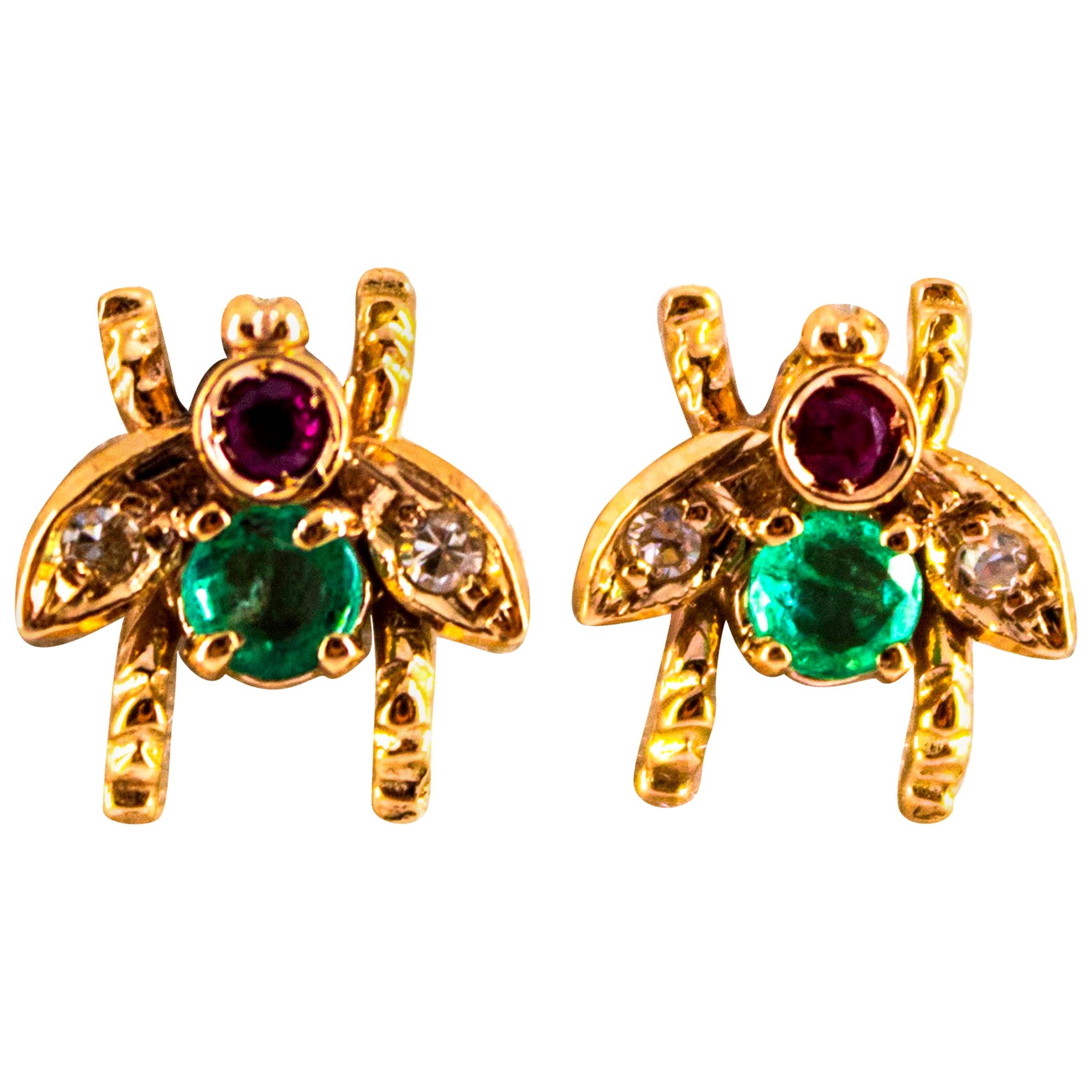0.30 Carat Emerald Ruby 0.08 Carat White Diamond Yellow Gold Stud Flies Earrings For Sale