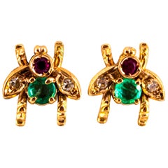 0.30 Carat Emerald Ruby 0.08 Carat White Diamond Yellow Gold Stud Flies Earrings