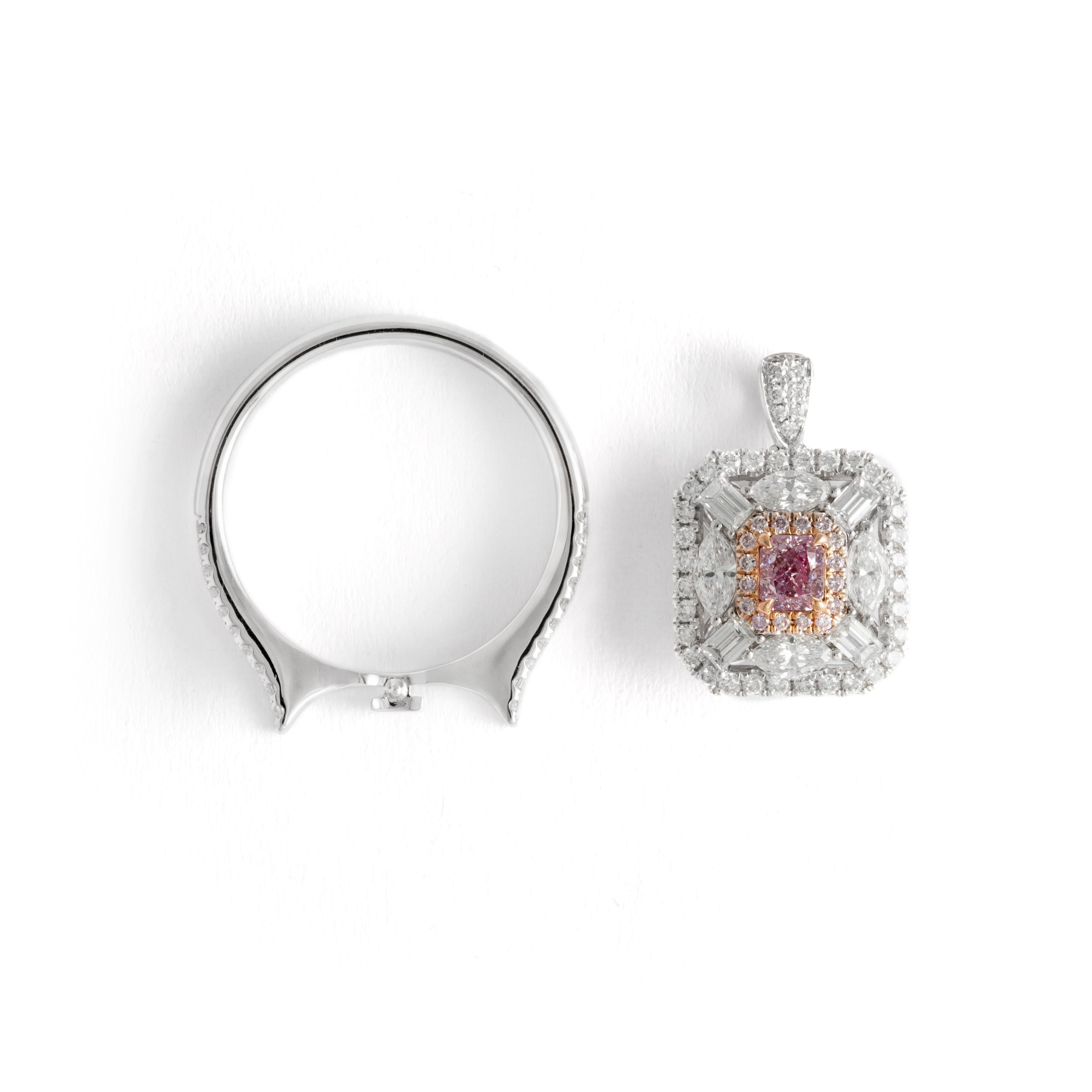 0.30 carat Fancy Pink Purple Cornered Rectangular GIA report No fluorescence on 18K White Gold ring.
Natural White 87 Diamonds total 0.94 carat VS clarity, G color.
Natural Pink 16 Diamonds total 0.55 carat VS clarity.

