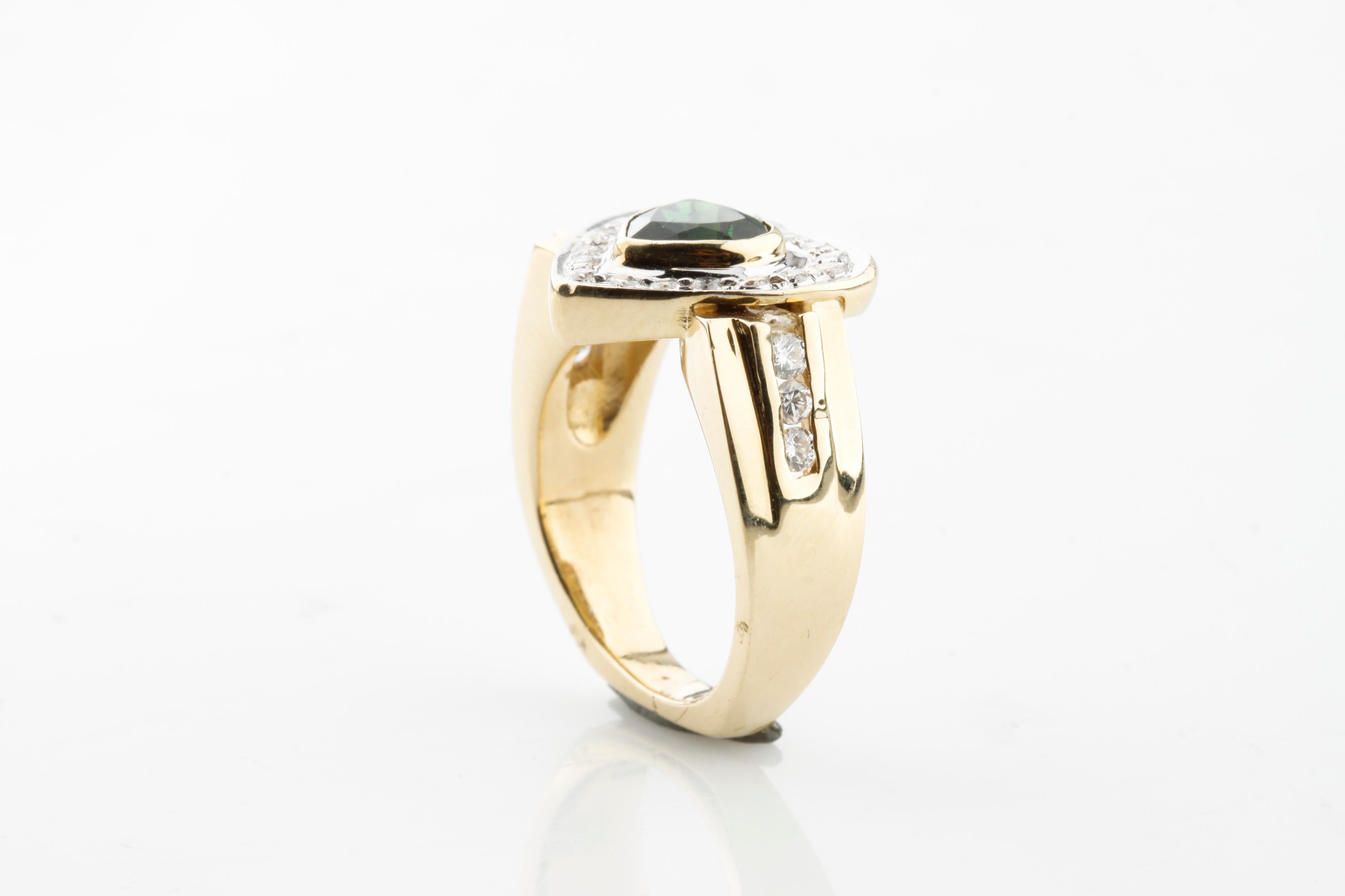 Modern 0.30 Carat Green Tourmaline Solitaire Ring with Diamond Accents in Yellow Gold For Sale