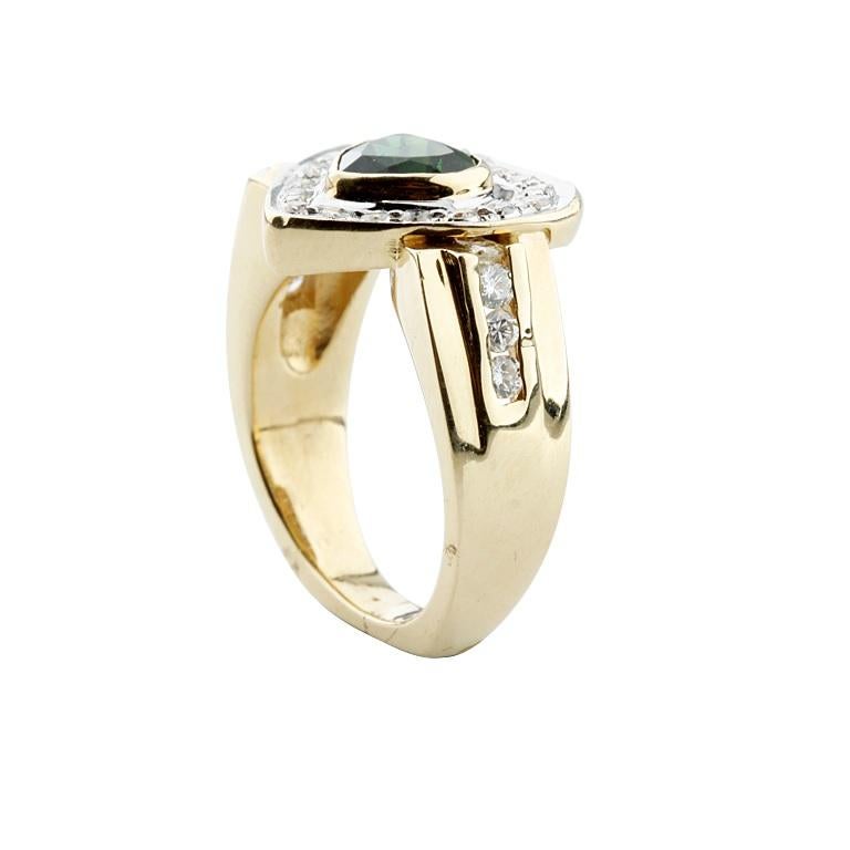 0,30 Karat grüner Turmalin Solitär-Ring mit Diamant-Akzenten in Gelbgold (Herzschliff) im Angebot