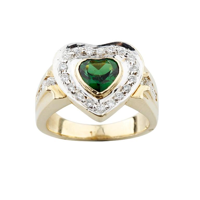 0,30 Karat grüner Turmalin Solitär-Ring mit Diamant-Akzenten in Gelbgold im Zustand „Gut“ im Angebot in Sherman Oaks, CA