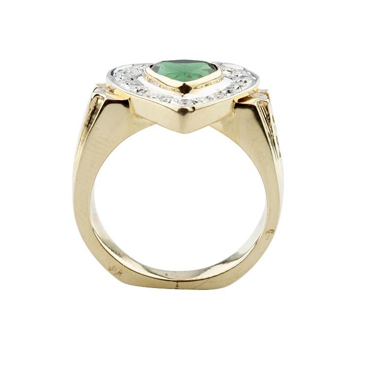 Women's 0.30 Carat Green Tourmaline Solitaire Ring with Diamond Accents in Yellow Gold For Sale