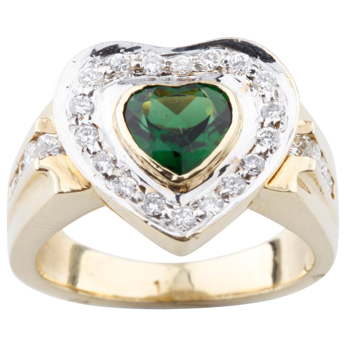 Bague solitaire en or jaune avec diamants et tourmaline verte de 0,30 carat en vente