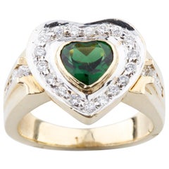 Vintage 0.30 Carat Green Tourmaline Solitaire Ring with Diamond Accents in Yellow Gold