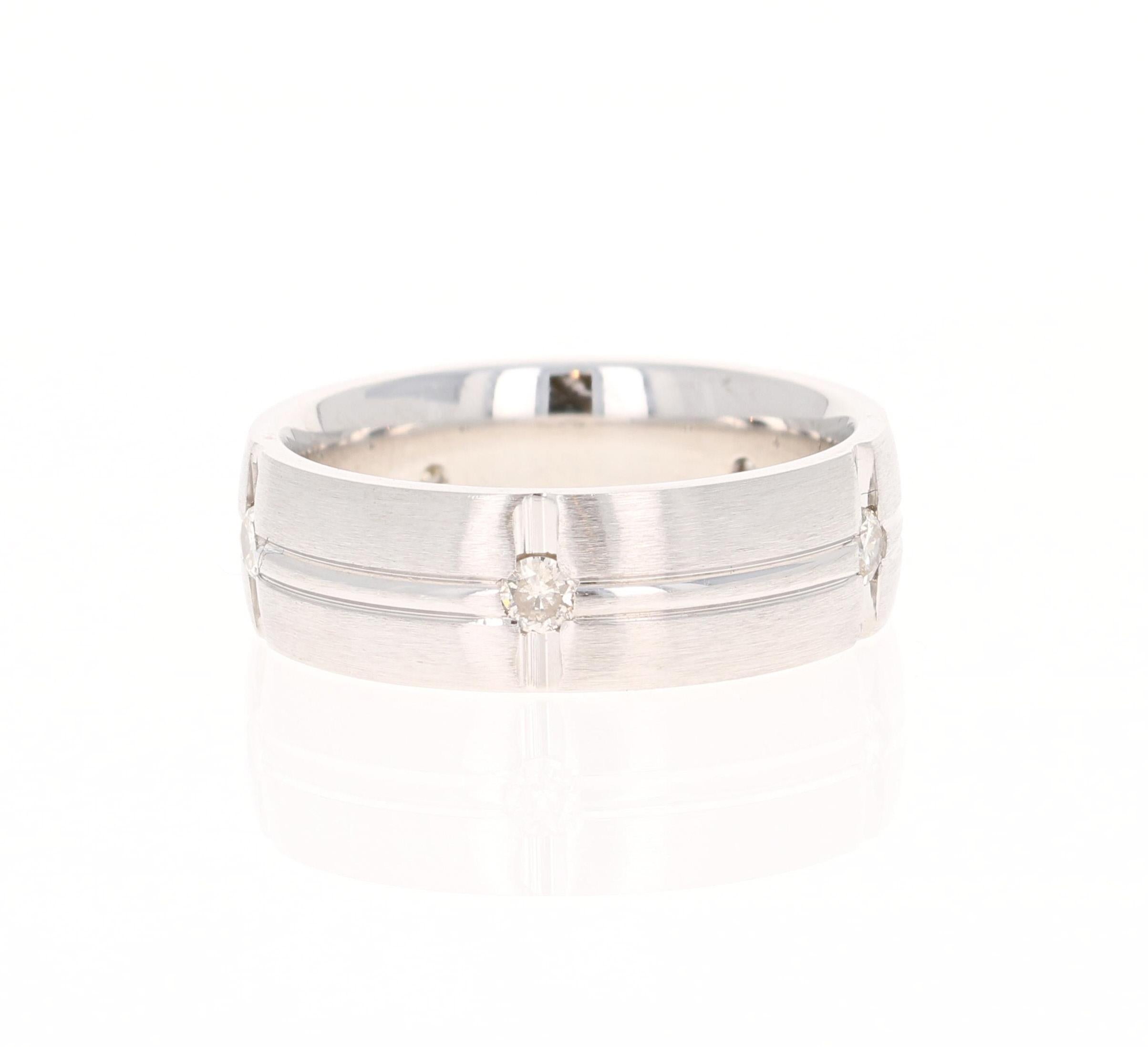 This ladies band has 6 Round Cut Natural Diamonds that weigh 0.30 carats. It is in 14 Karat White Gold and weighs 8.0 grams. 
The ring size is 7 and can be re-sized from sizes 6 - 8.5. 

