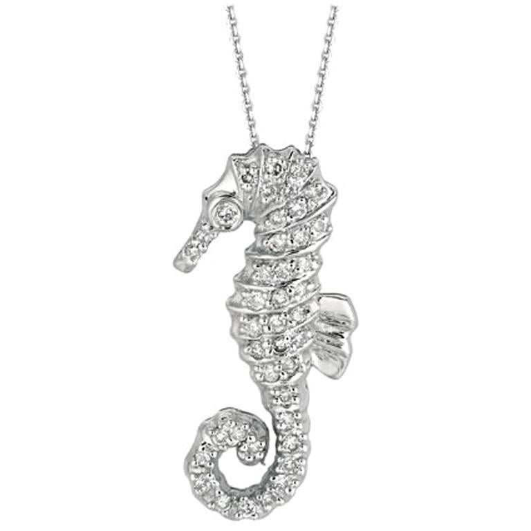 0.30 Carat Natural Diamond Seahorse Necklace Pendant 14 Karat White Gold Chain