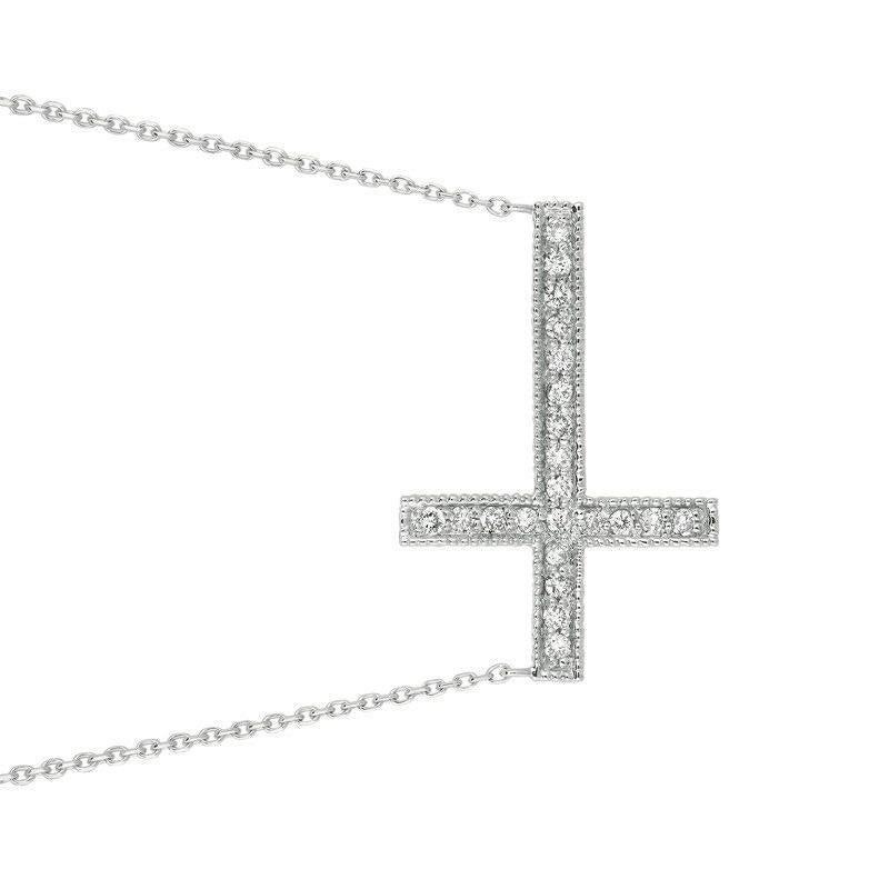 Round Cut 0.30 Carat Natural Diamond Sideway Cross Necklace 14 Karat White Gold G SI Chain For Sale