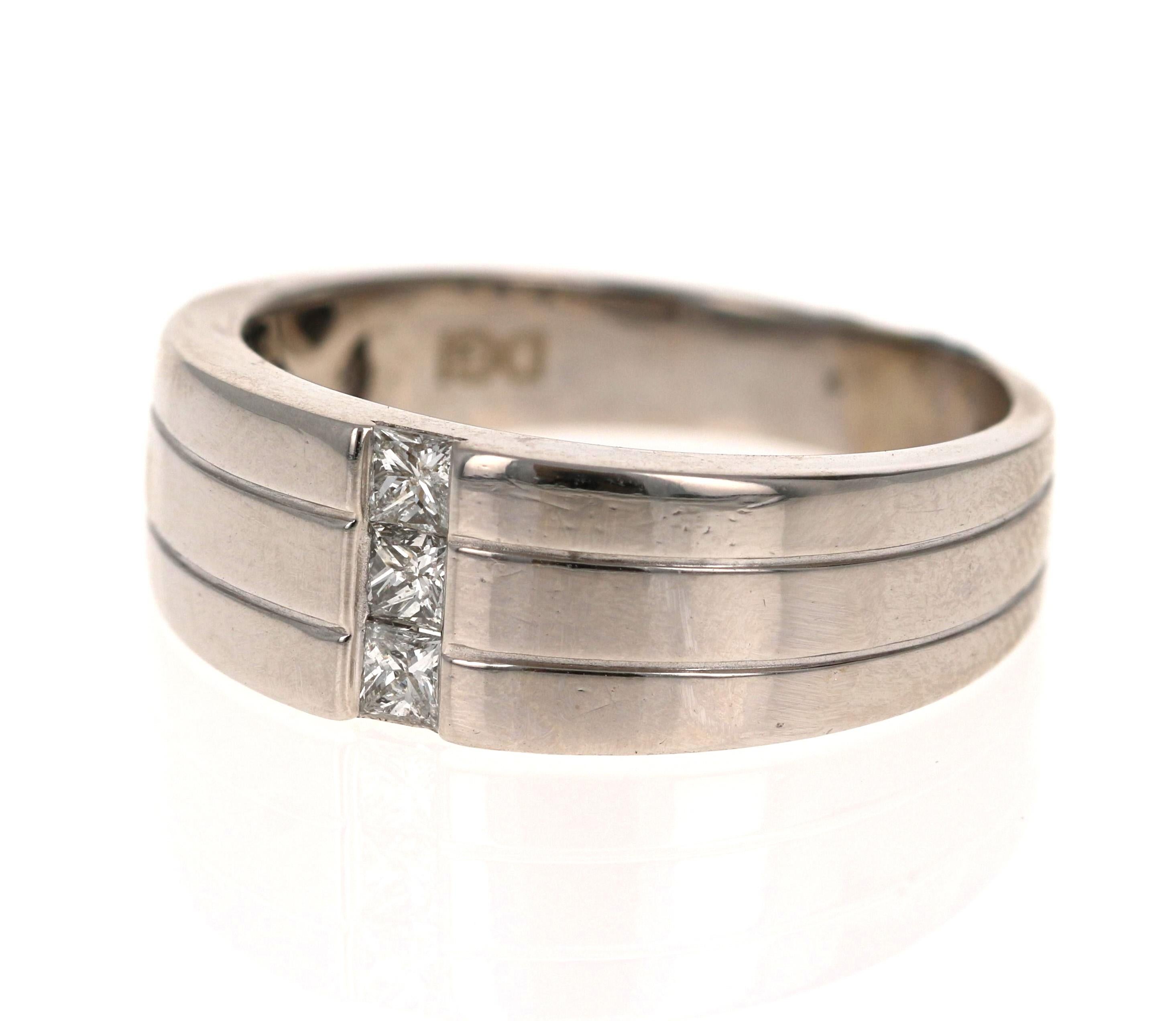 We have a Men's Collection of Fine Jewelry!  Beautiful, Bold, Masculine and Simple Men's Wedding Rings/Bands. 

This Men's Band has 3 Princess Cut Diamonds that weigh 0.30 Carats.  

It is crafted in 14 Karat White Gold and weighs approximately 7.0