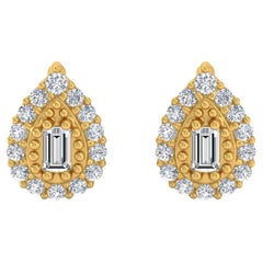 Boucles d'oreilles en or jaune 18 carats avec diamants ronds baguettes SI/H de 0,30 carat