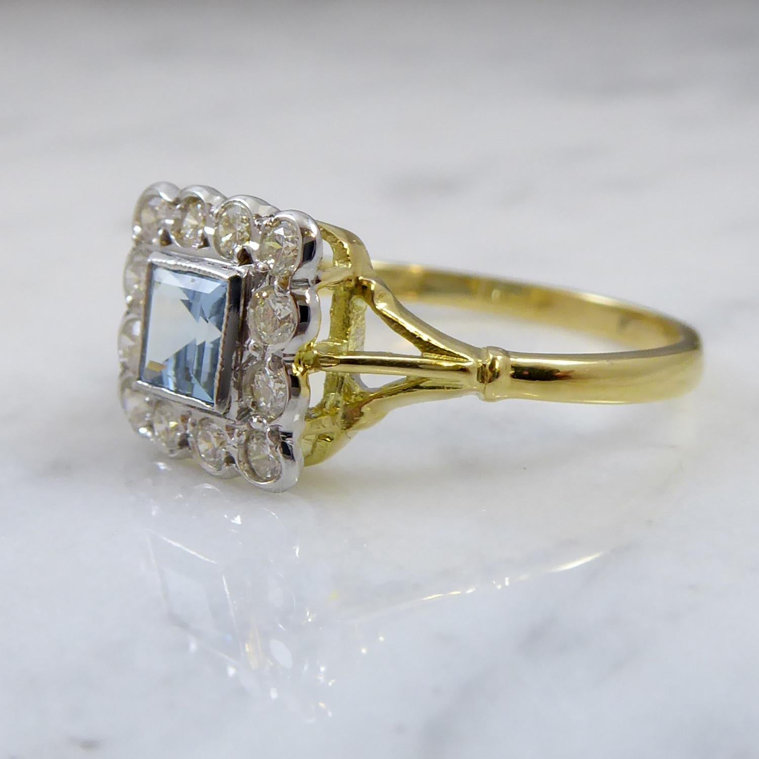 Emerald Cut 0.30 Carat Square Aquamarine and Diamond Cluster Ring