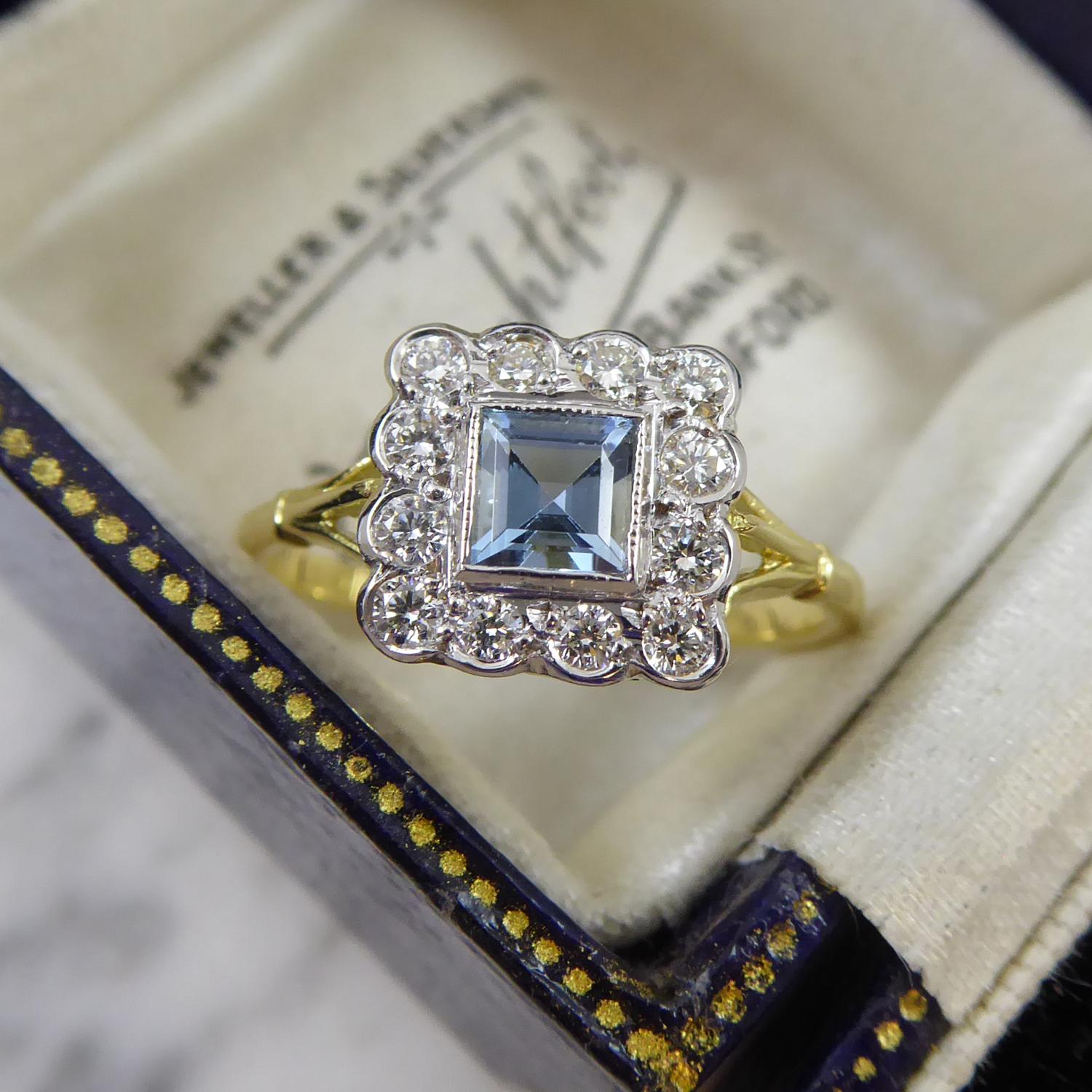 0.30 Carat Square Aquamarine and Diamond Cluster Ring In Good Condition In Yorkshire, West Yorkshire