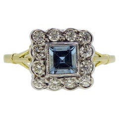 Vintage 0.30 Carat Square Aquamarine and Diamond Cluster Ring