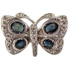 0.30 Carat White Diamond 1.70 Carat Blue Sapphire White Gold "Butterfly" Ring