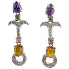 Pendientes de oro blanco con diamante blanco amatista citrino de 0,30 quilates