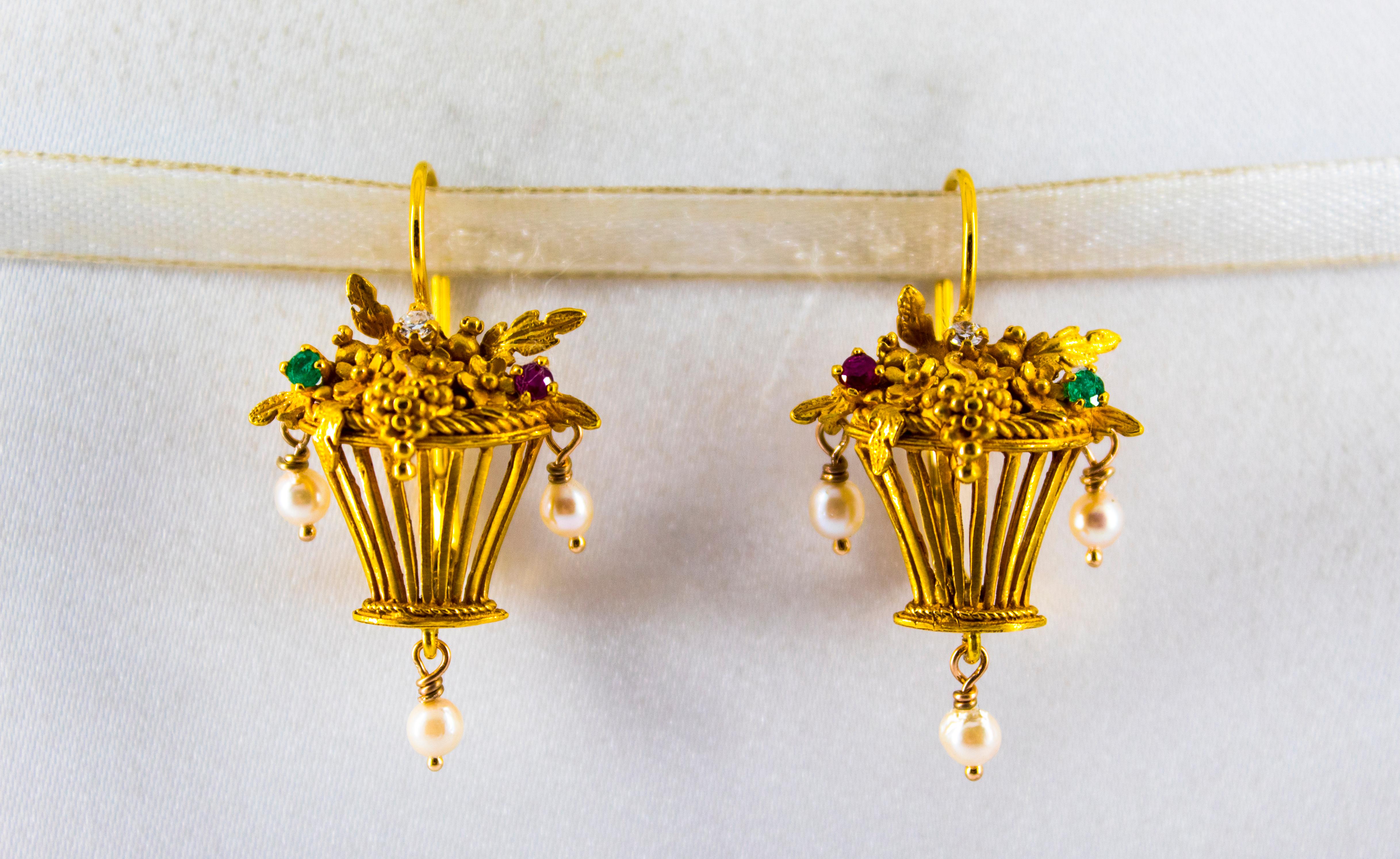 Art Nouveau 0.30 Carat White Diamond Emerald Ruby Pearl Yellow Gold Lever-Back Earrings