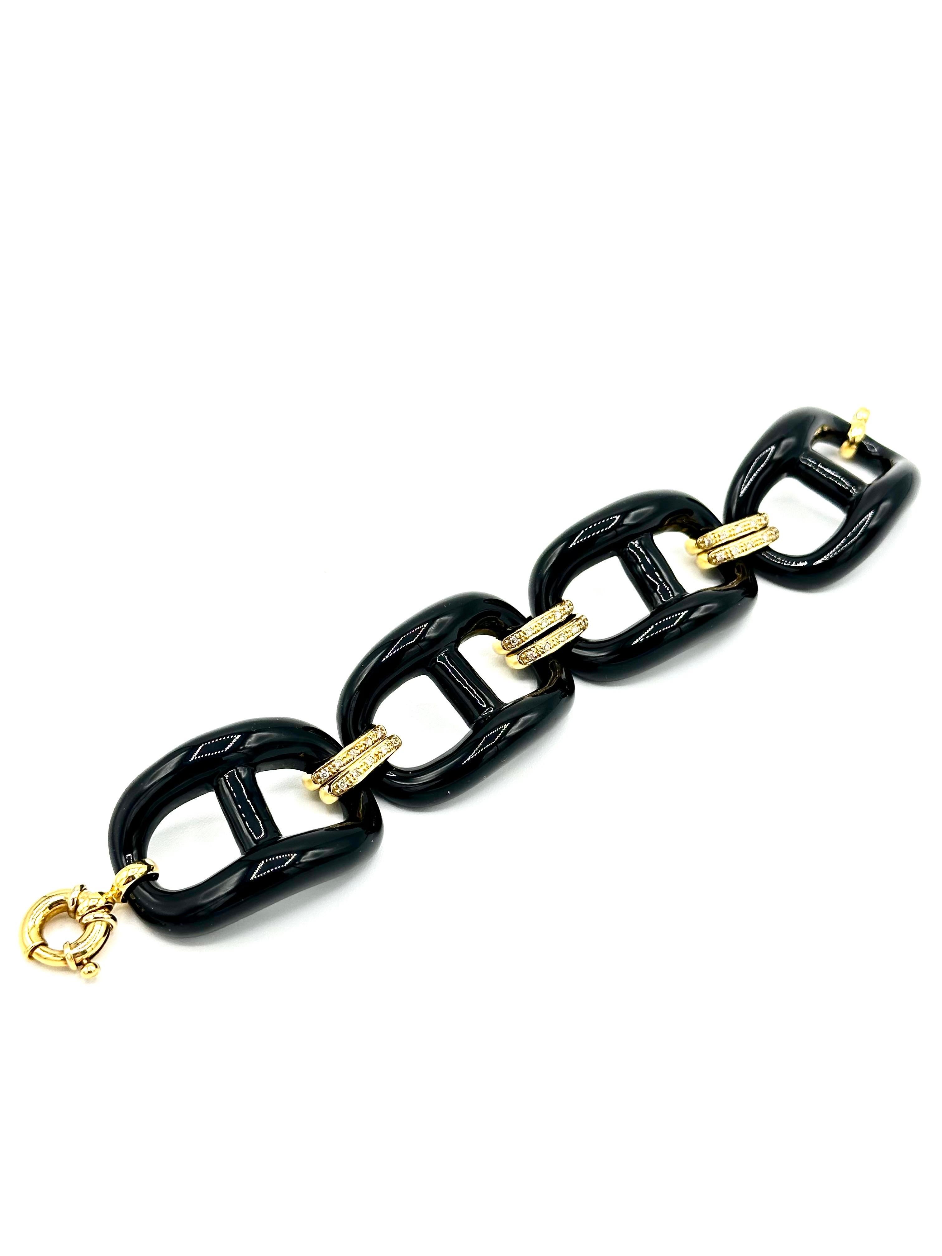 Rétro Grand bracelet à maillons en or jaune 18 carats, onyx et diamants de 0,30 carat en vente