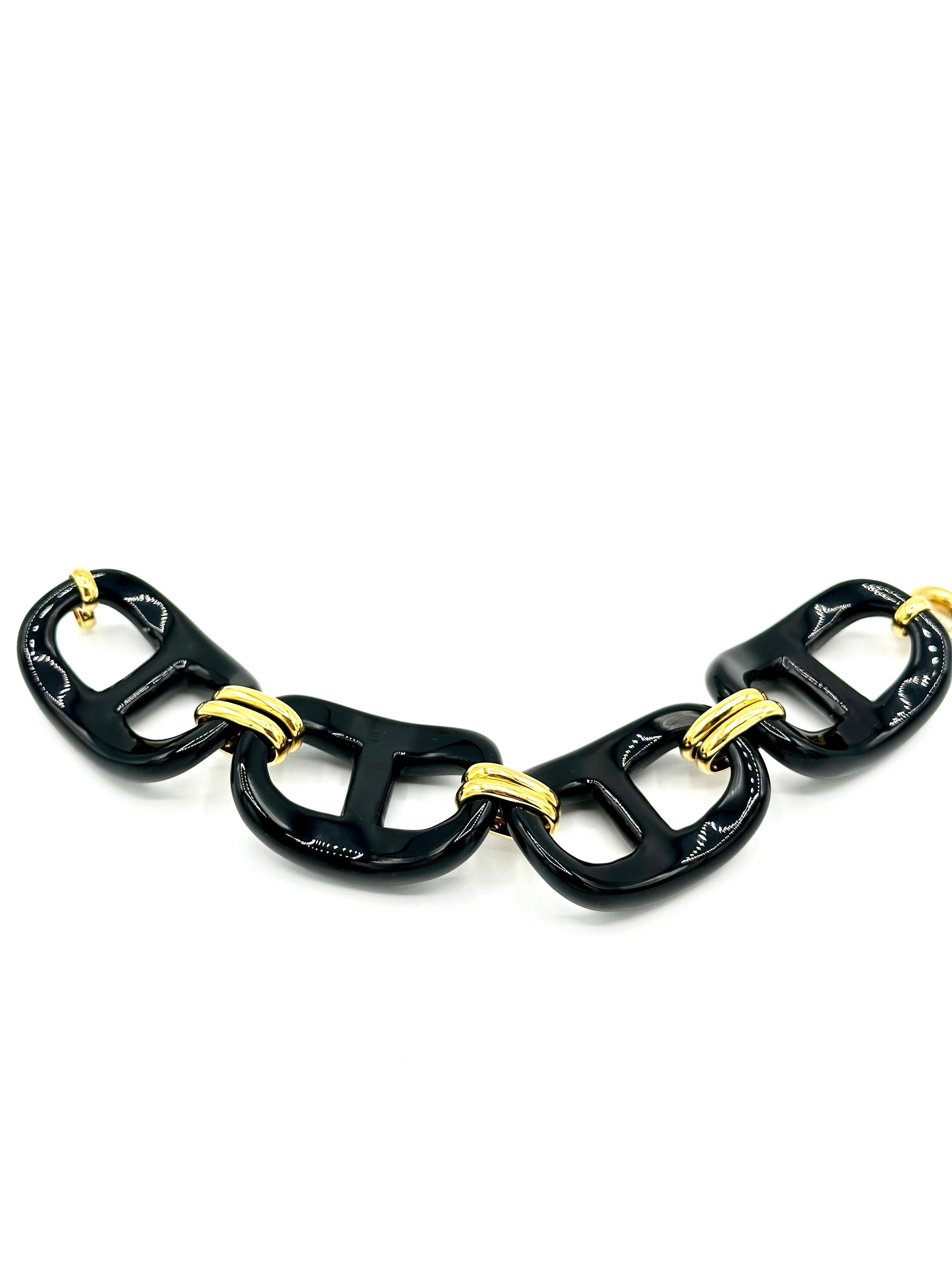 Taille ronde Grand bracelet à maillons en or jaune 18 carats, onyx et diamants de 0,30 carat en vente