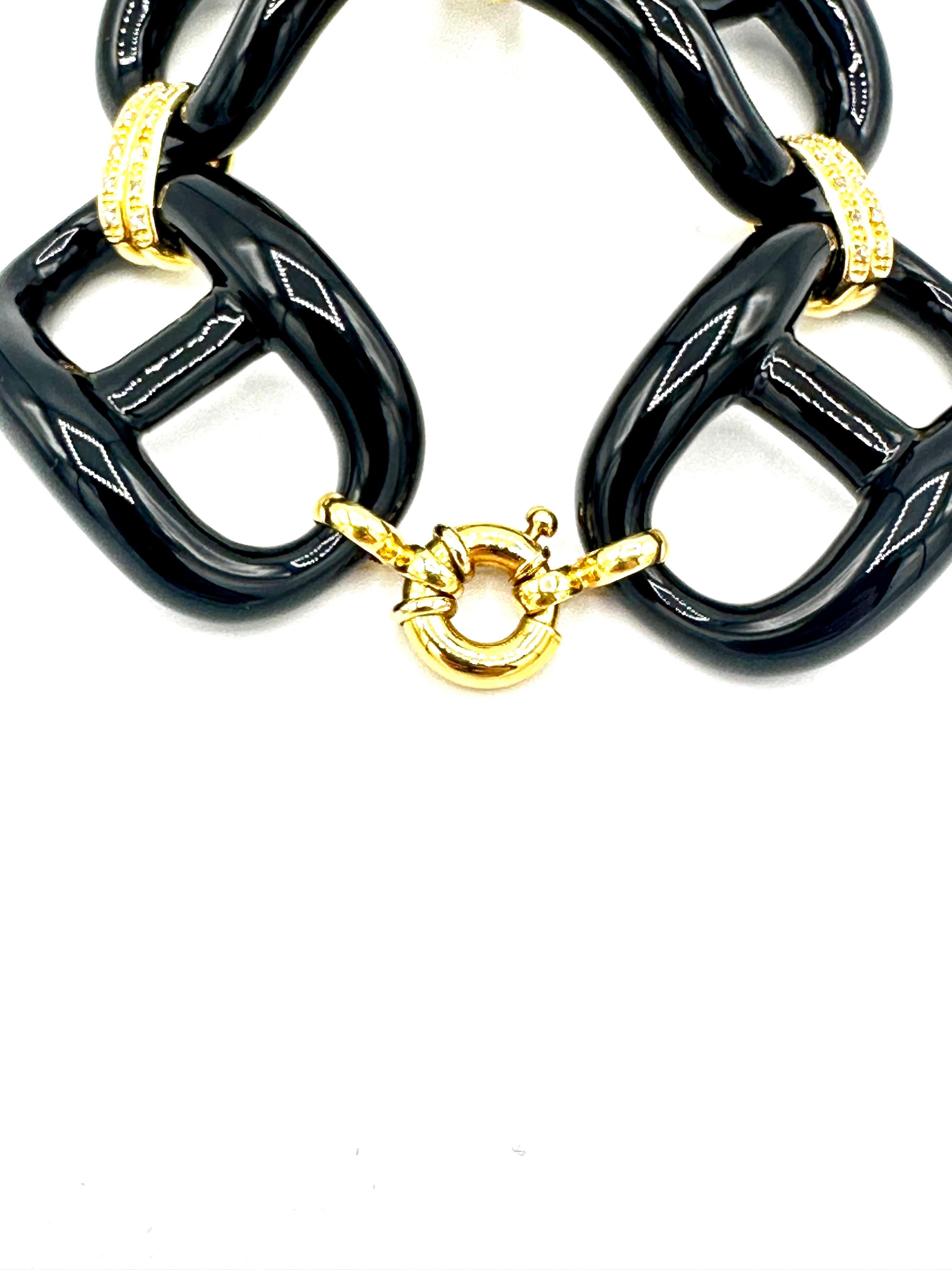 Grand bracelet à maillons en or jaune 18 carats, onyx et diamants de 0,30 carat Excellent état - En vente à Chevy Chase, MD