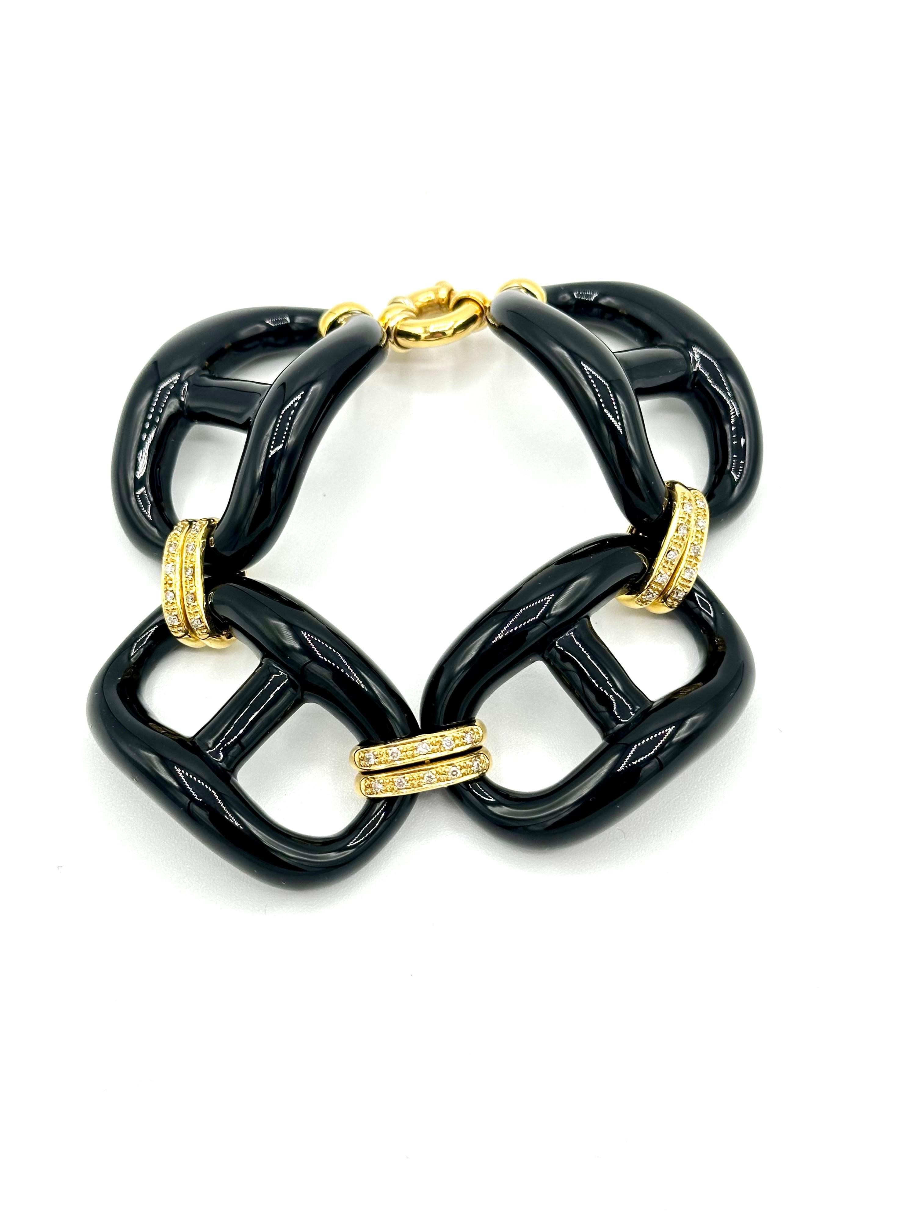 Grand bracelet à maillons en or jaune 18 carats, onyx et diamants de 0,30 carat Unisexe en vente