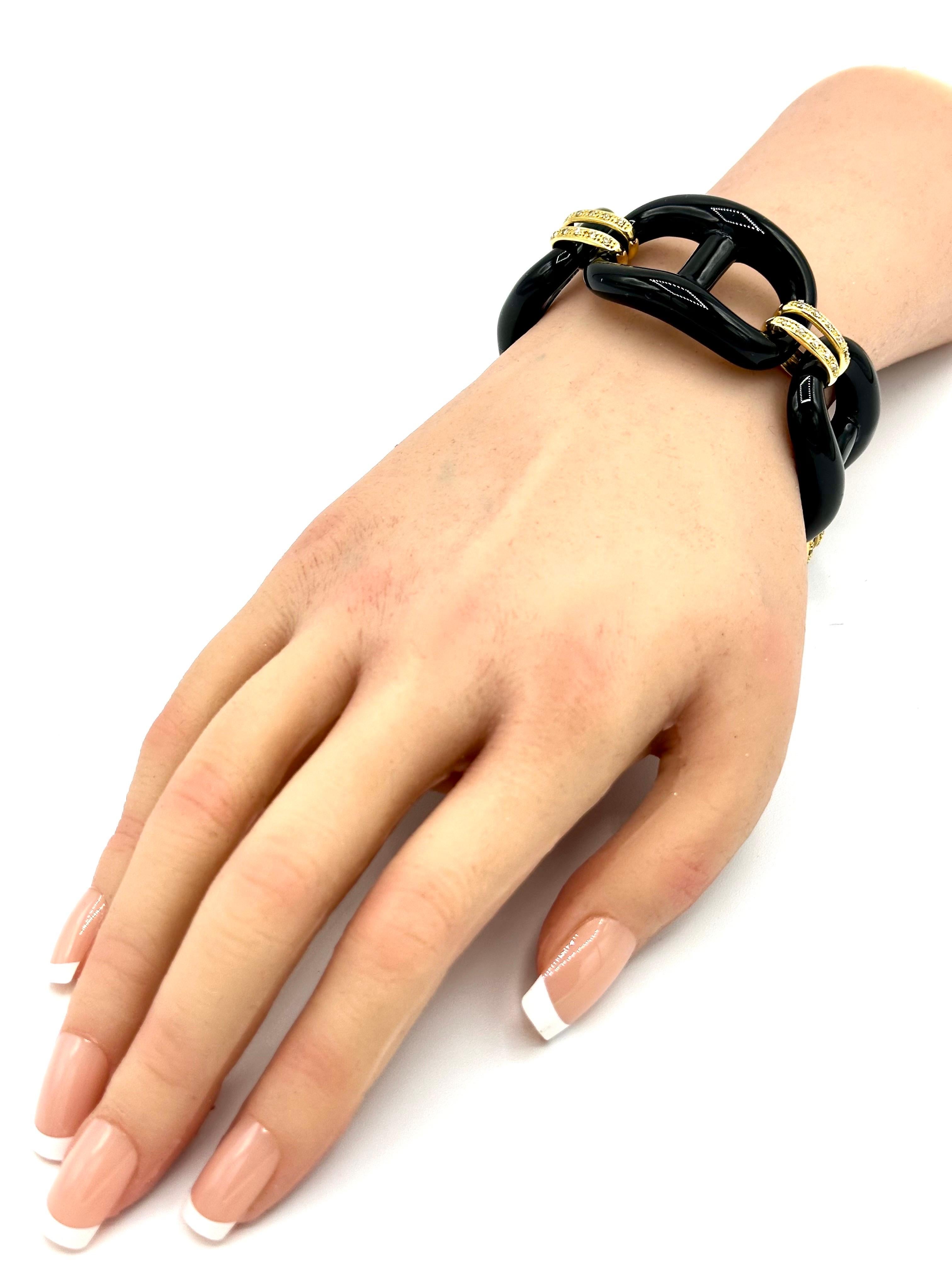 Grand bracelet à maillons en or jaune 18 carats, onyx et diamants de 0,30 carat en vente 1