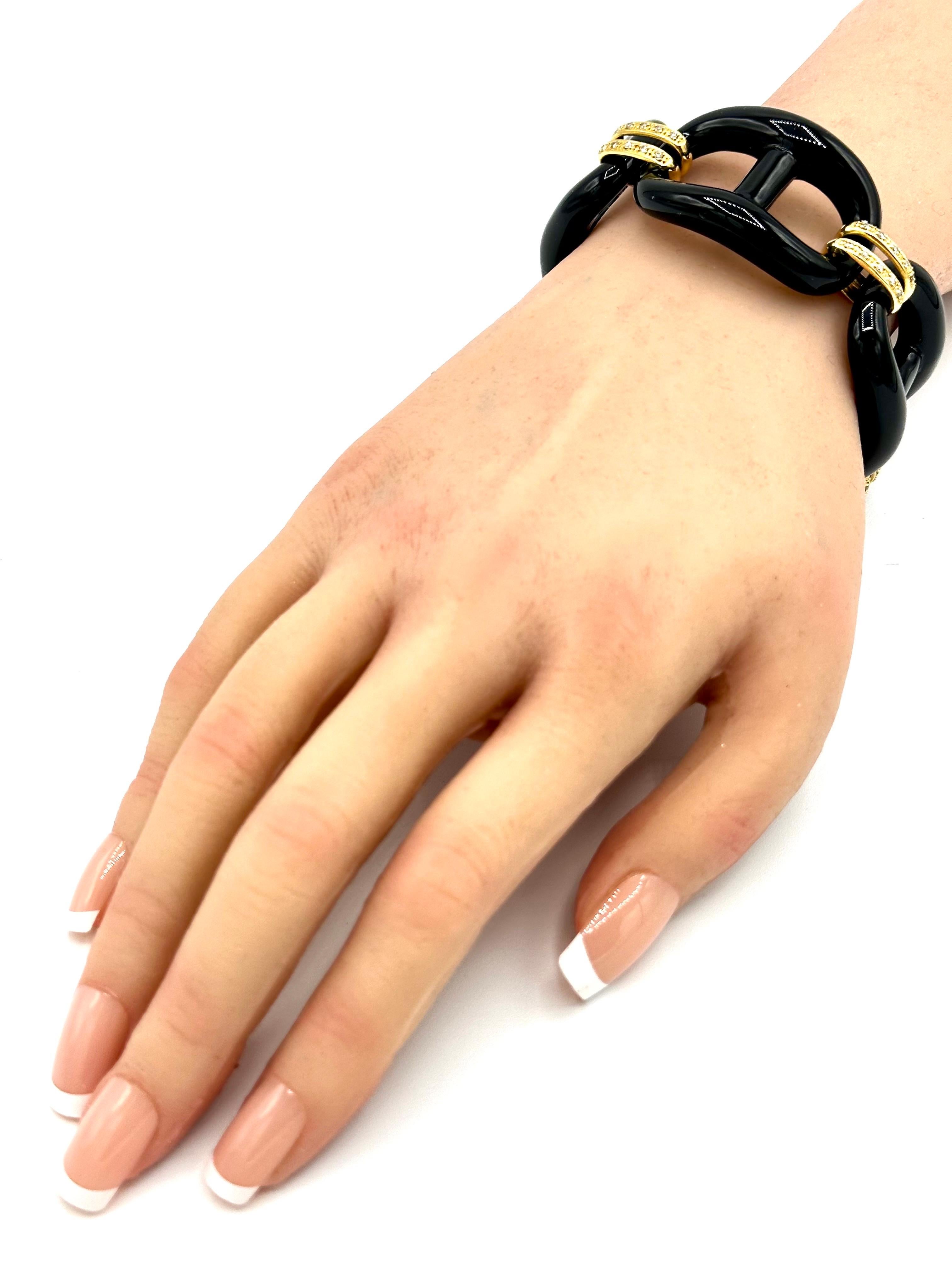 Grand bracelet à maillons en or jaune 18 carats, onyx et diamants de 0,30 carat en vente 2