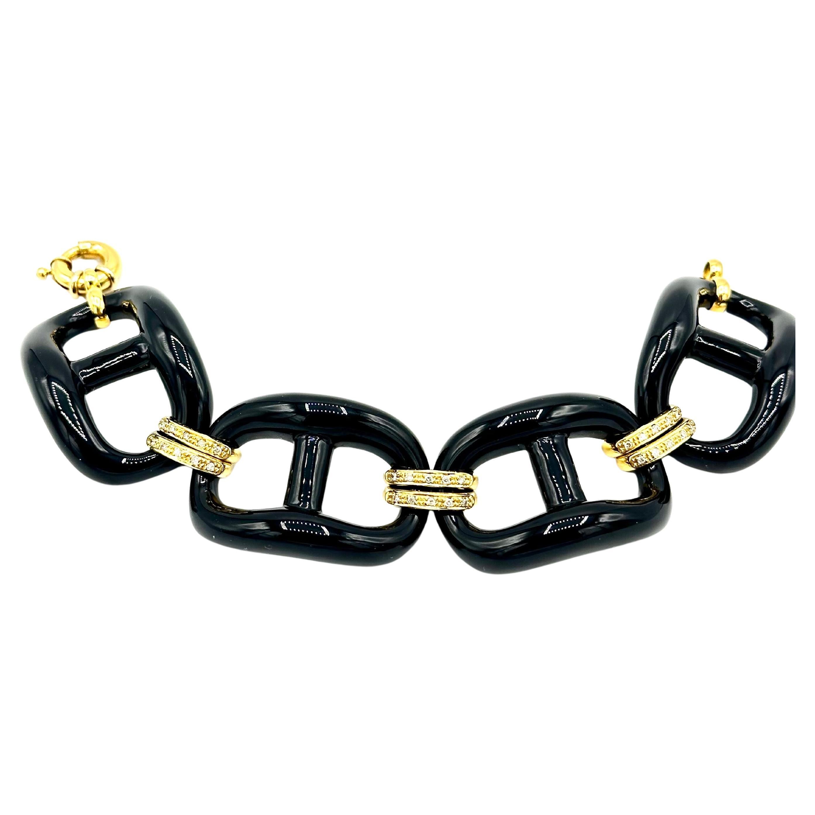 Grand bracelet à maillons en or jaune 18 carats, onyx et diamants de 0,30 carat