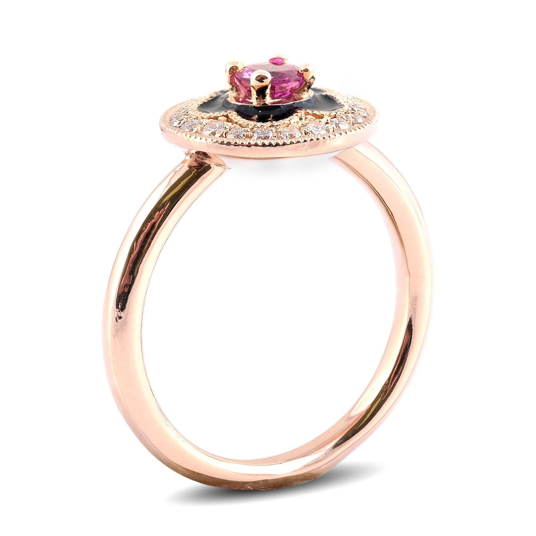 This easy-to-wear ring is adorned with a distinctive 0.30-carat Pink Sapphire, set against the striking backdrop of black enamel. Crafted in 14K rose gold, this floral-inspired piece is not just a ring but a characterful accessory designed to turn