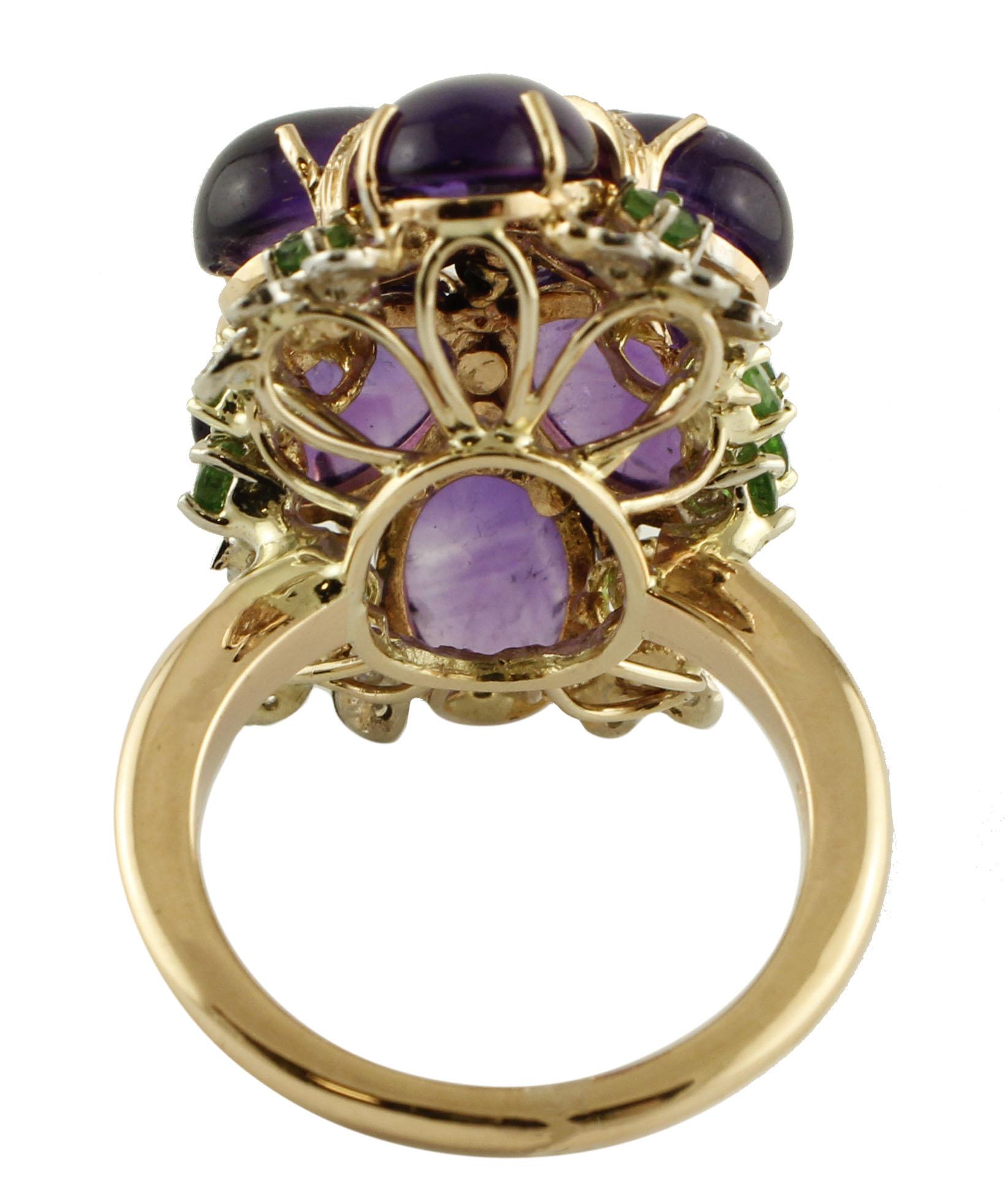 0.30 Carat Diamonds, 16.57 Carat Amethyst and Tsavorites Rose Gold Fashion Ring In Excellent Condition For Sale In Marcianise, Marcianise (CE)