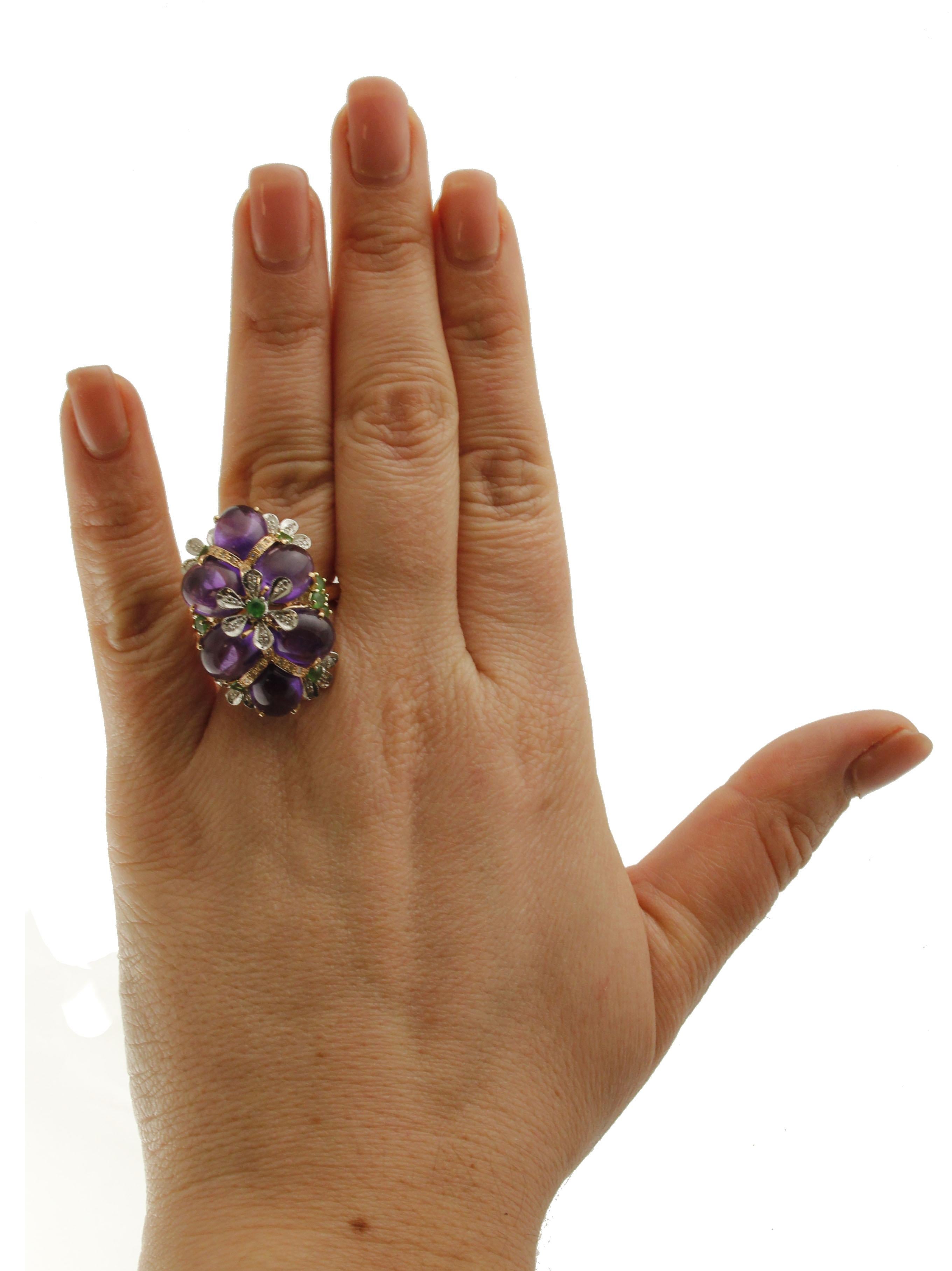 0.30 Carat Diamonds, 16.57 Carat Amethyst and Tsavorites Rose Gold Fashion Ring For Sale 1