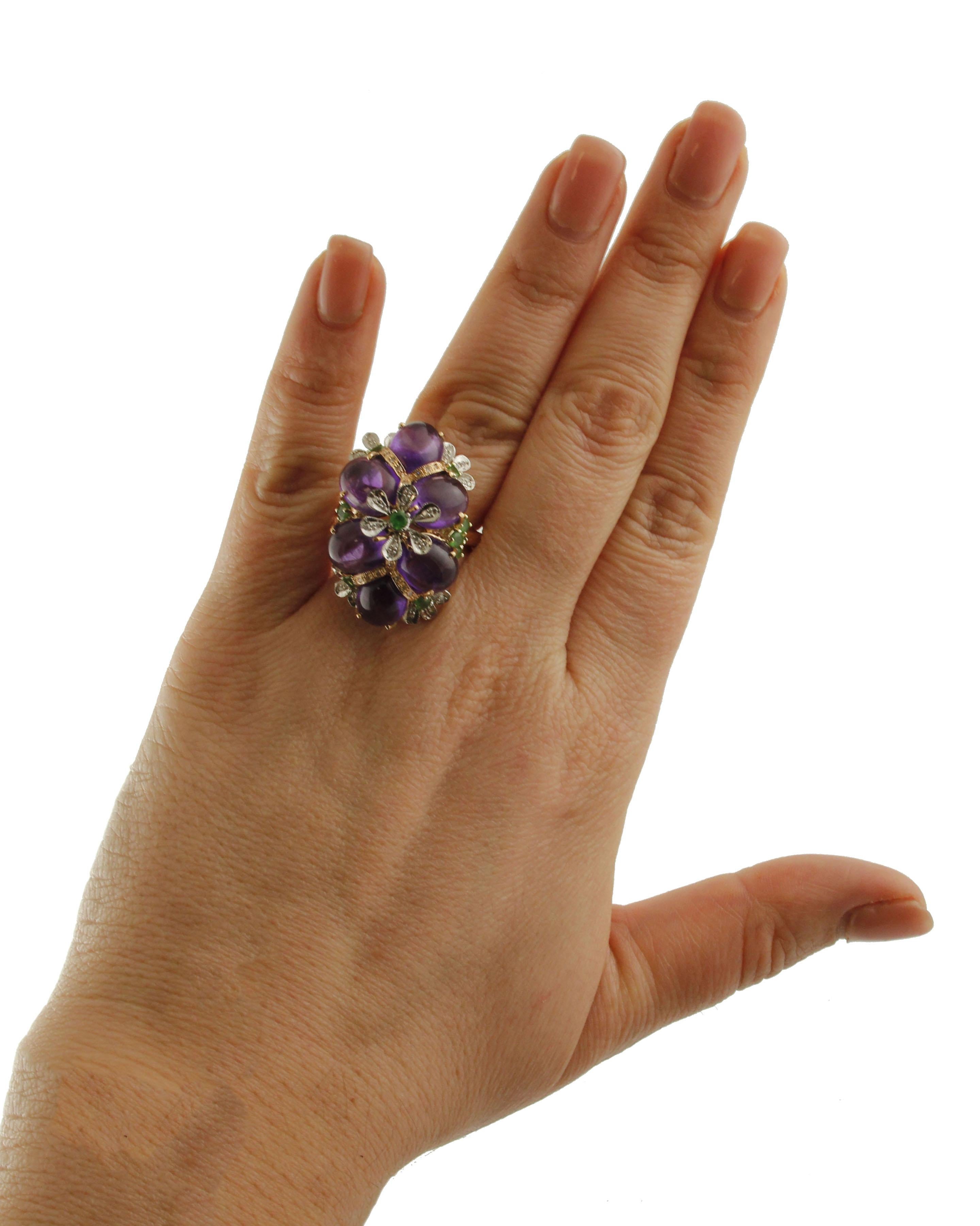 0.30 Carat Diamonds, 16.57 Carat Amethyst and Tsavorites Rose Gold Fashion Ring For Sale 2