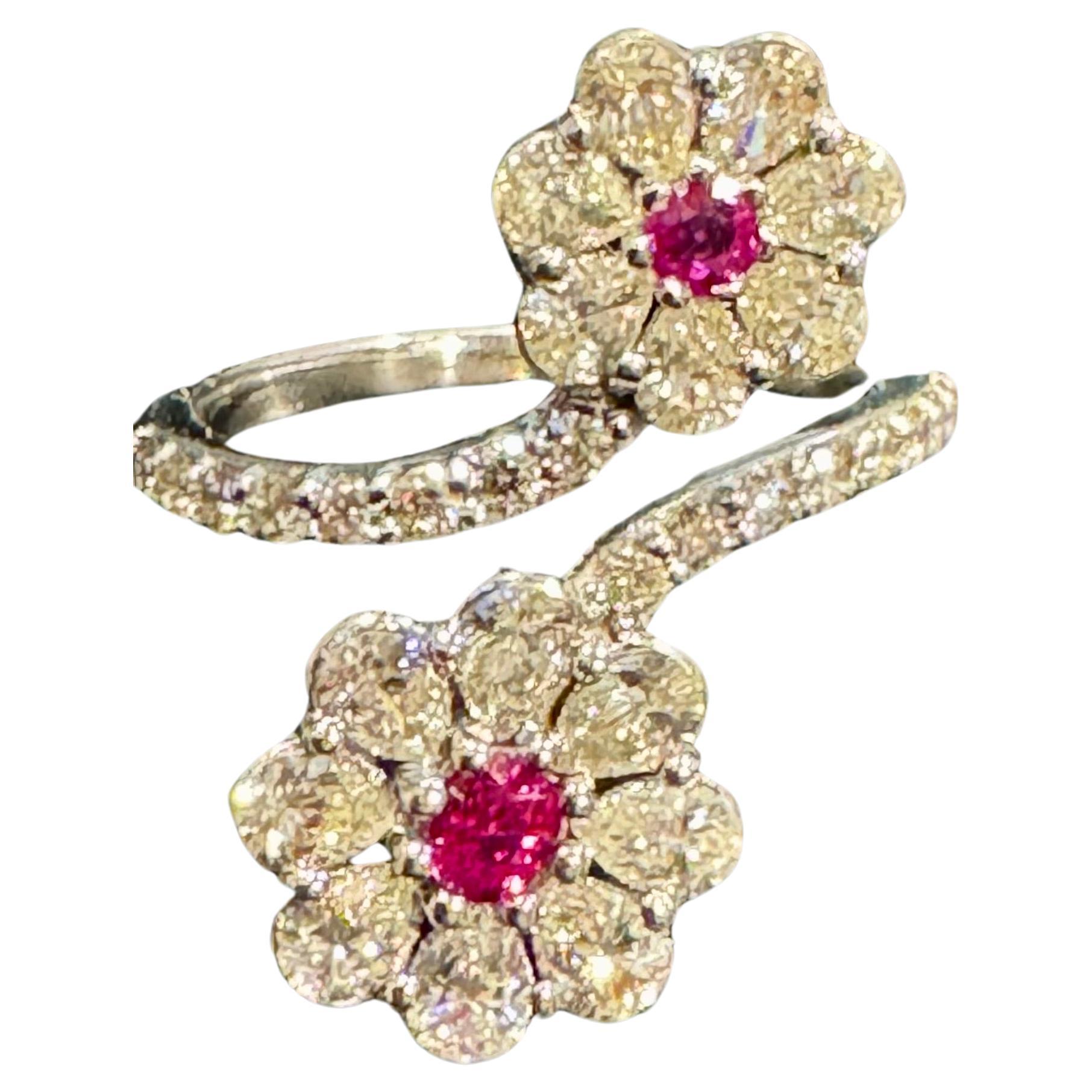 0.30 Ct Fine Natural  Ruby  & 2 Ct  Finest Diamond 18 Kt White Gold Flower Ring  For Sale 6