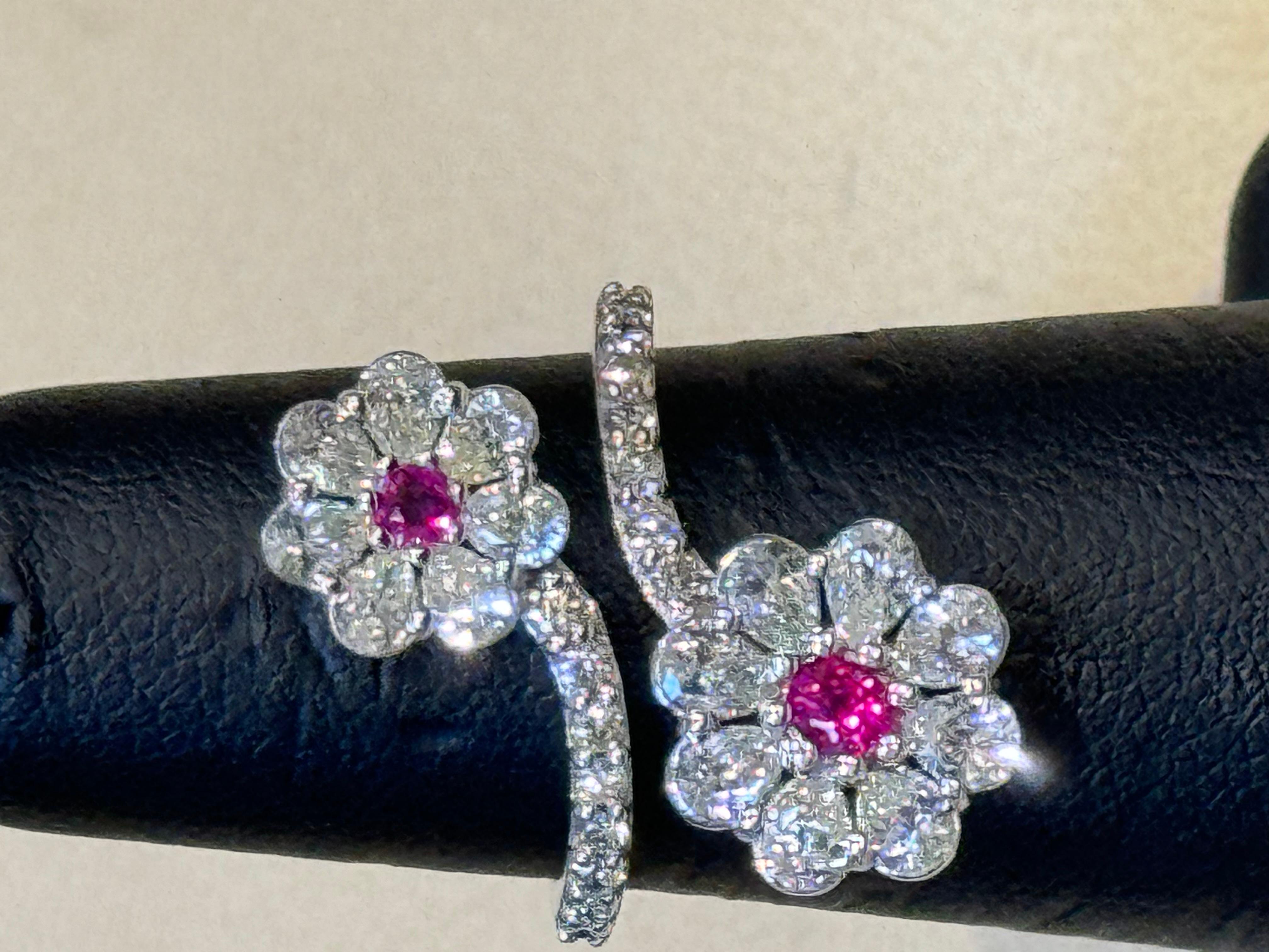 Pear Cut 0.30 Ct Fine Natural  Ruby  & 2 Ct  Finest Diamond 18 Kt White Gold Flower Ring  For Sale