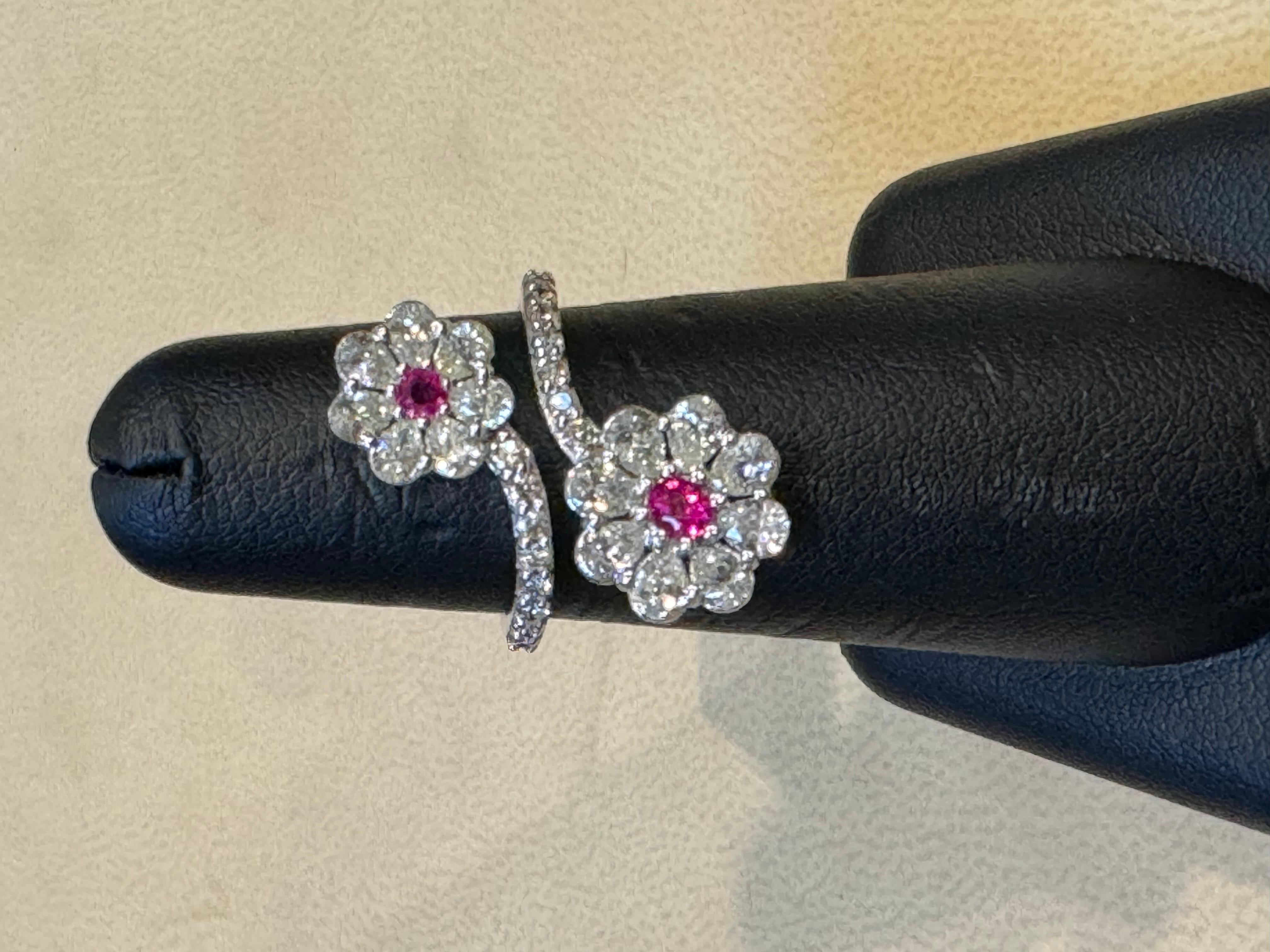 0.30 Ct Fine Natural  Ruby  & 2 Ct  Finest Diamond 18 Kt White Gold Flower Ring  In Excellent Condition For Sale In New York, NY