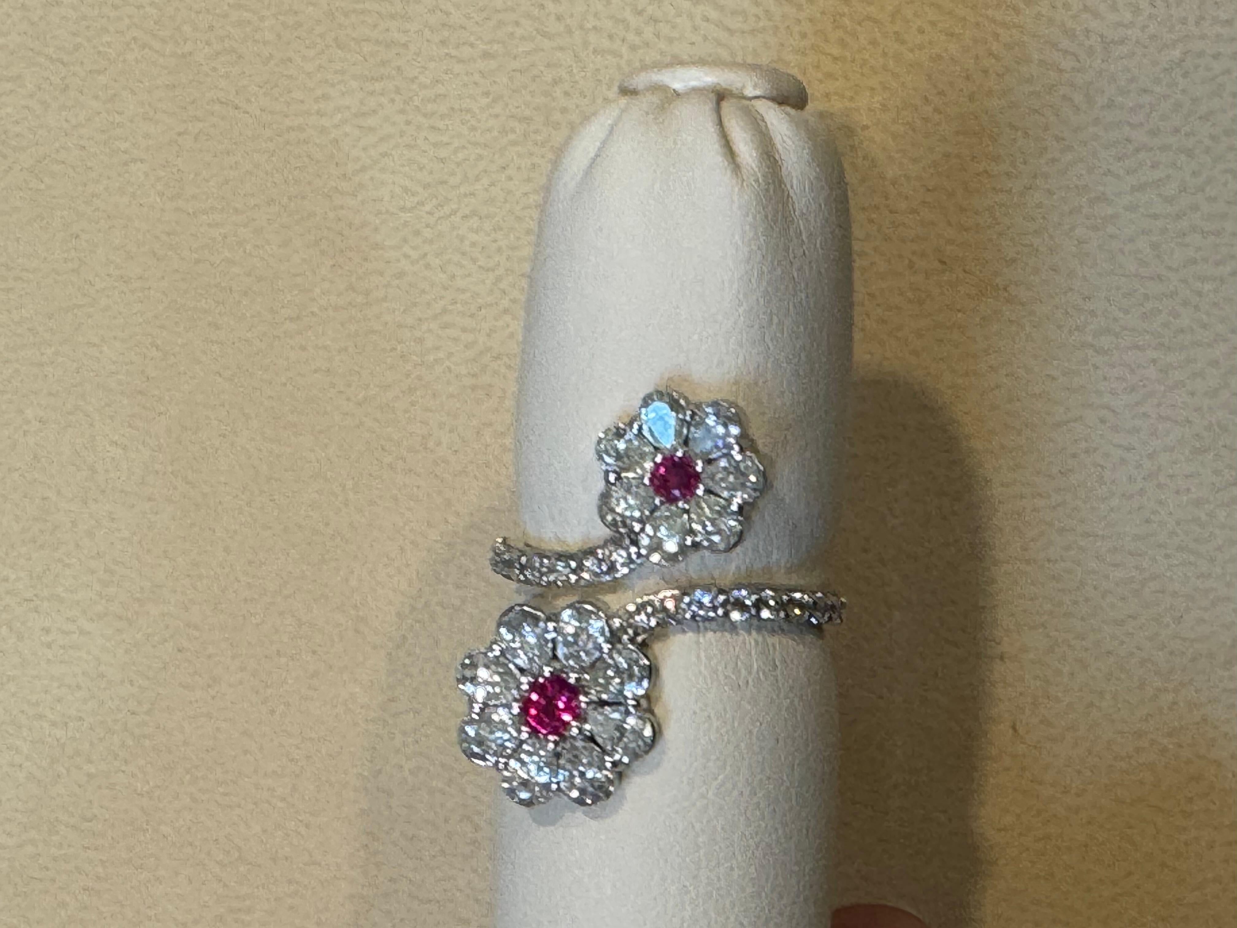 0.30 Ct Fine Natural  Ruby  & 2 Ct  Finest Diamond 18 Kt White Gold Flower Ring  For Sale 1