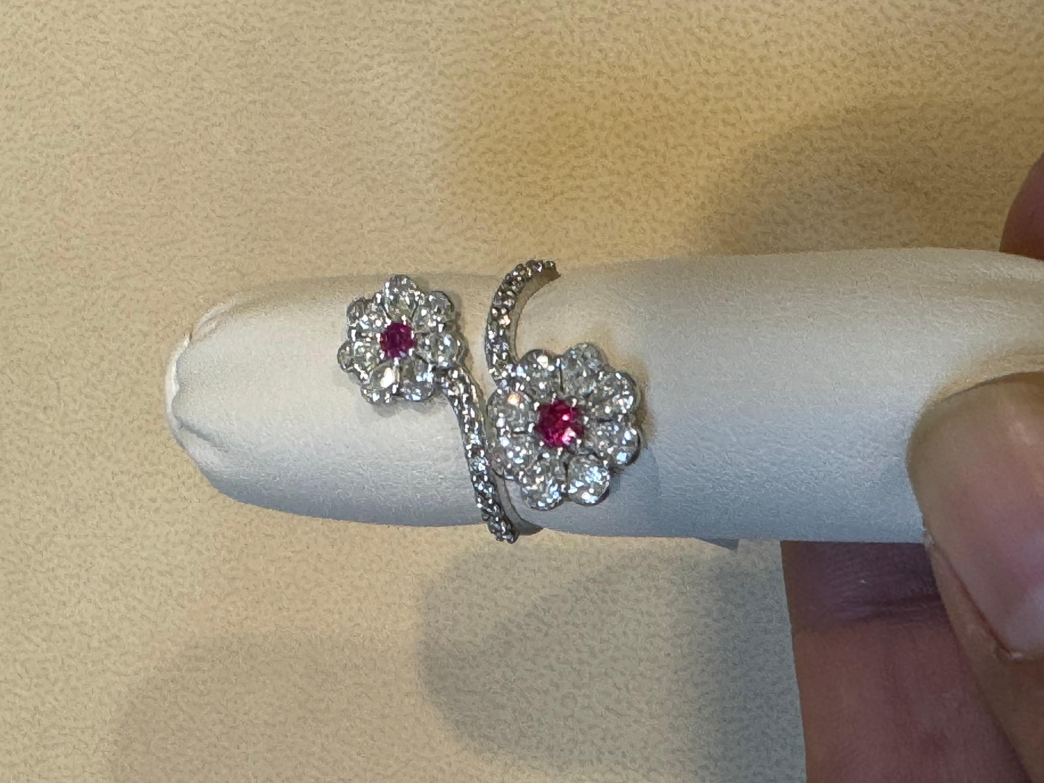 0.30 Ct Fine Natural  Ruby  & 2 Ct  Finest Diamond 18 Kt White Gold Flower Ring  For Sale 2