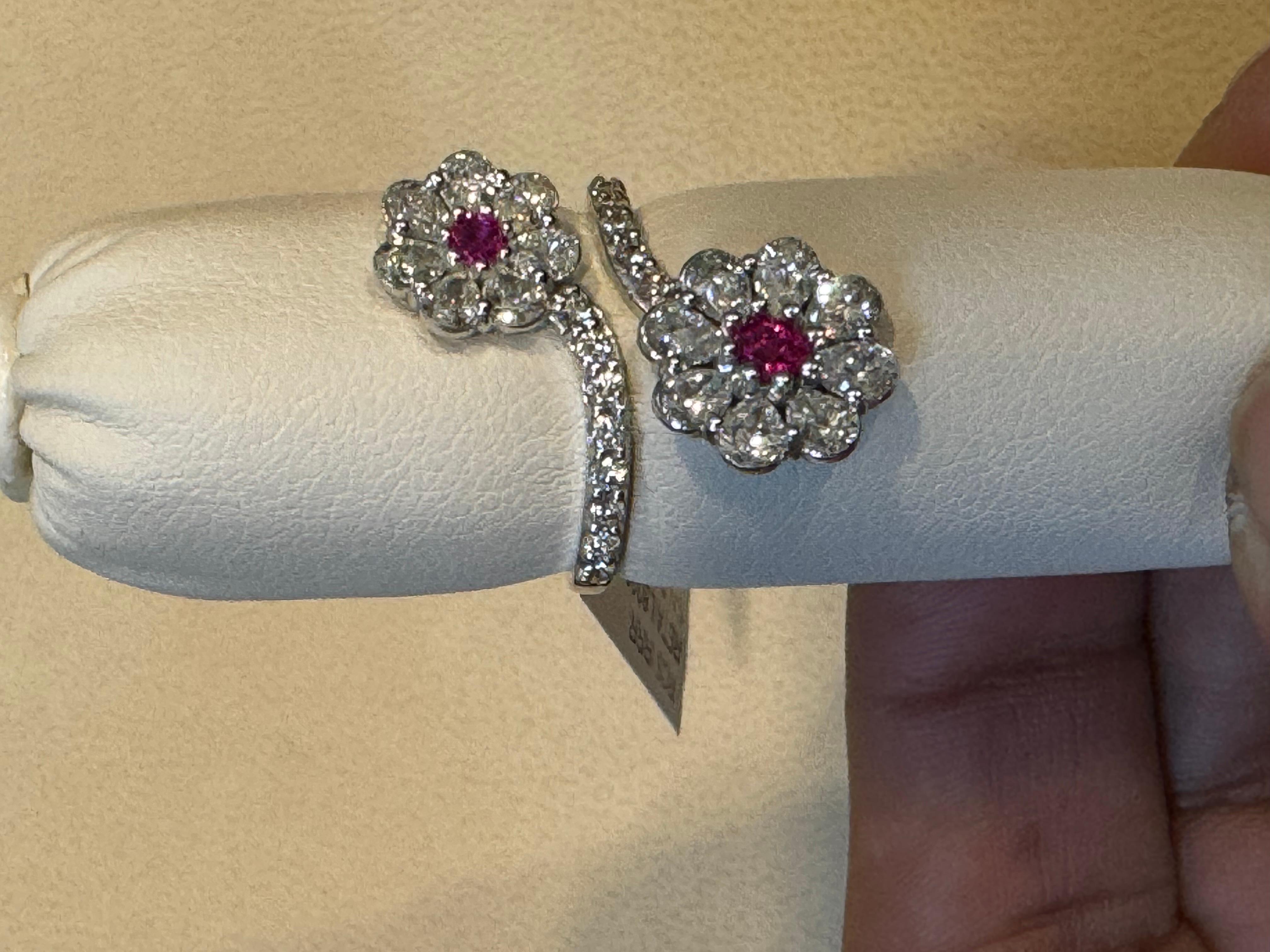 0.30 Ct Fine Natural  Ruby  & 2 Ct  Finest Diamond 18 Kt White Gold Flower Ring  For Sale 4