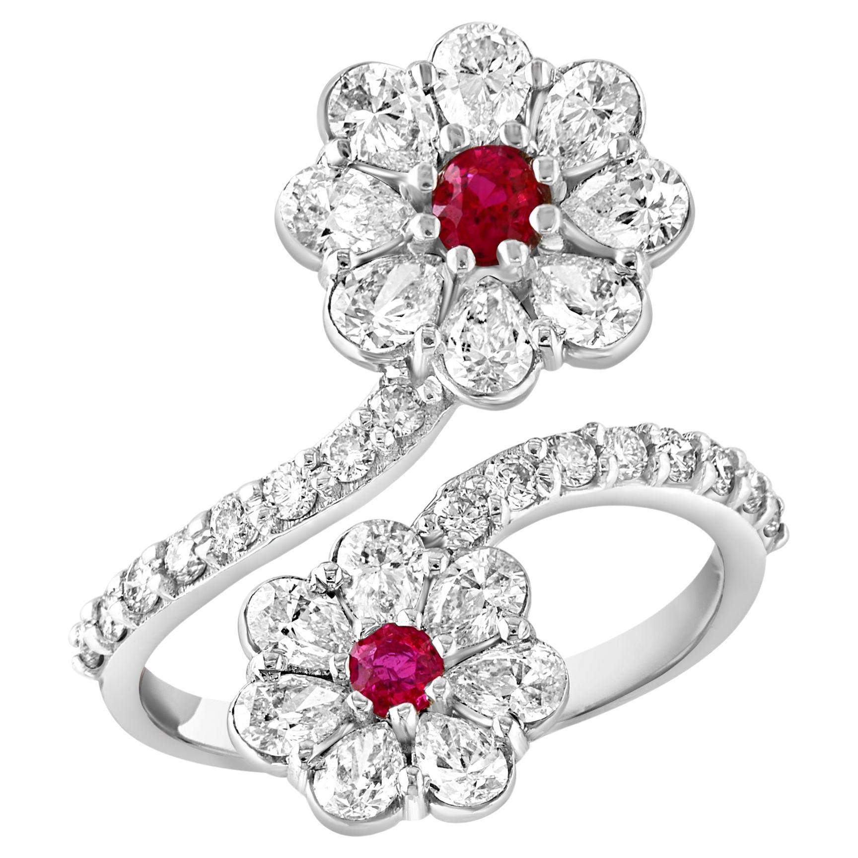 0.30 Ct Fine Natural  Ruby  & 2 Ct  Finest Diamond 18 Kt White Gold Flower Ring 