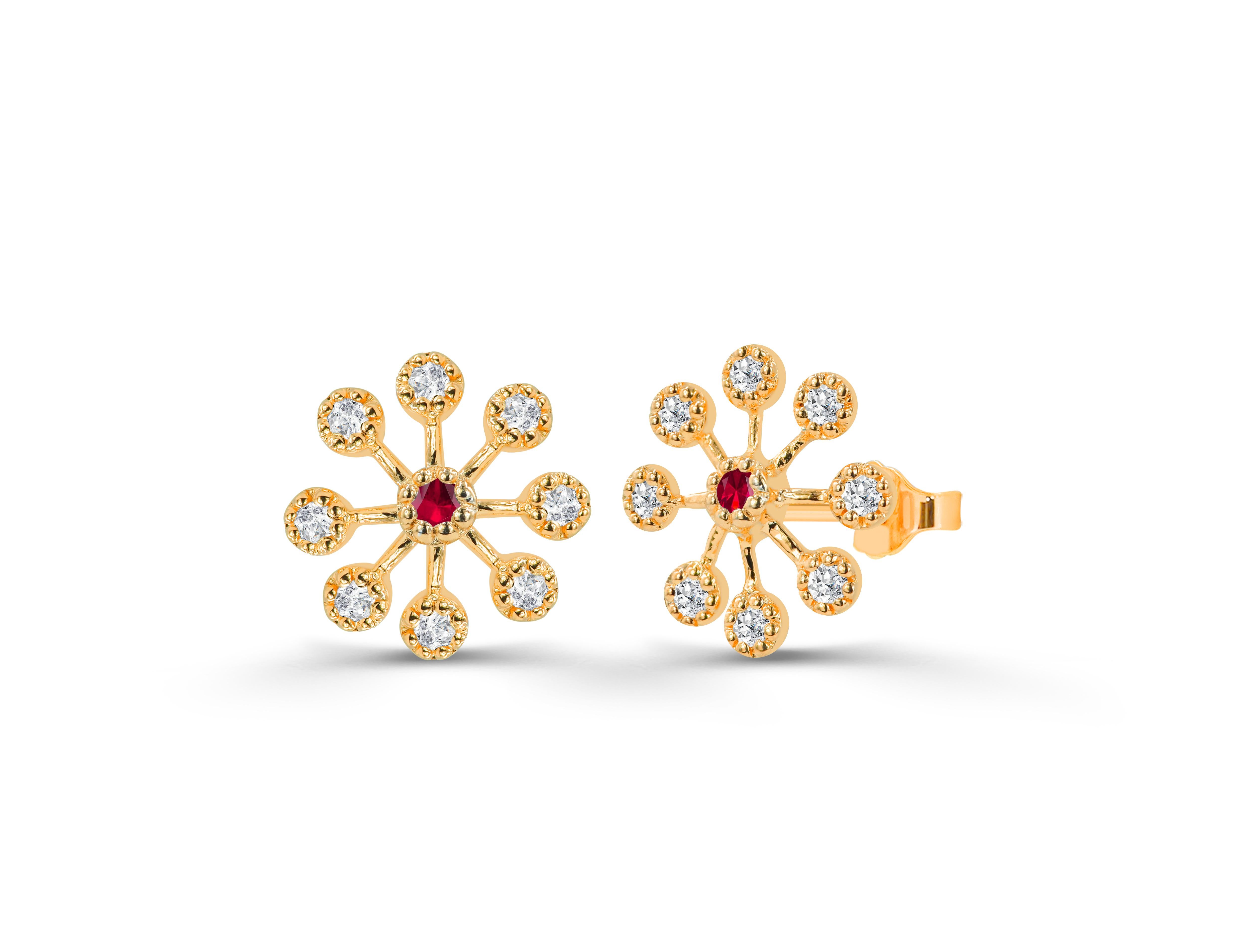 Modern 0.30ct Ruby, Emerald and Sapphire Bezel Flower Studs with Diamonds in 14k Gold For Sale