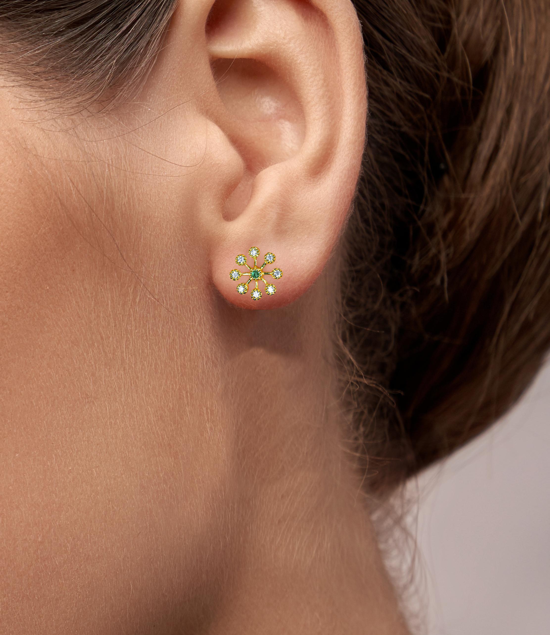 0.30ct Ruby, Emerald and Sapphire Bezel Flower Studs with Diamonds in 14k Gold For Sale 3