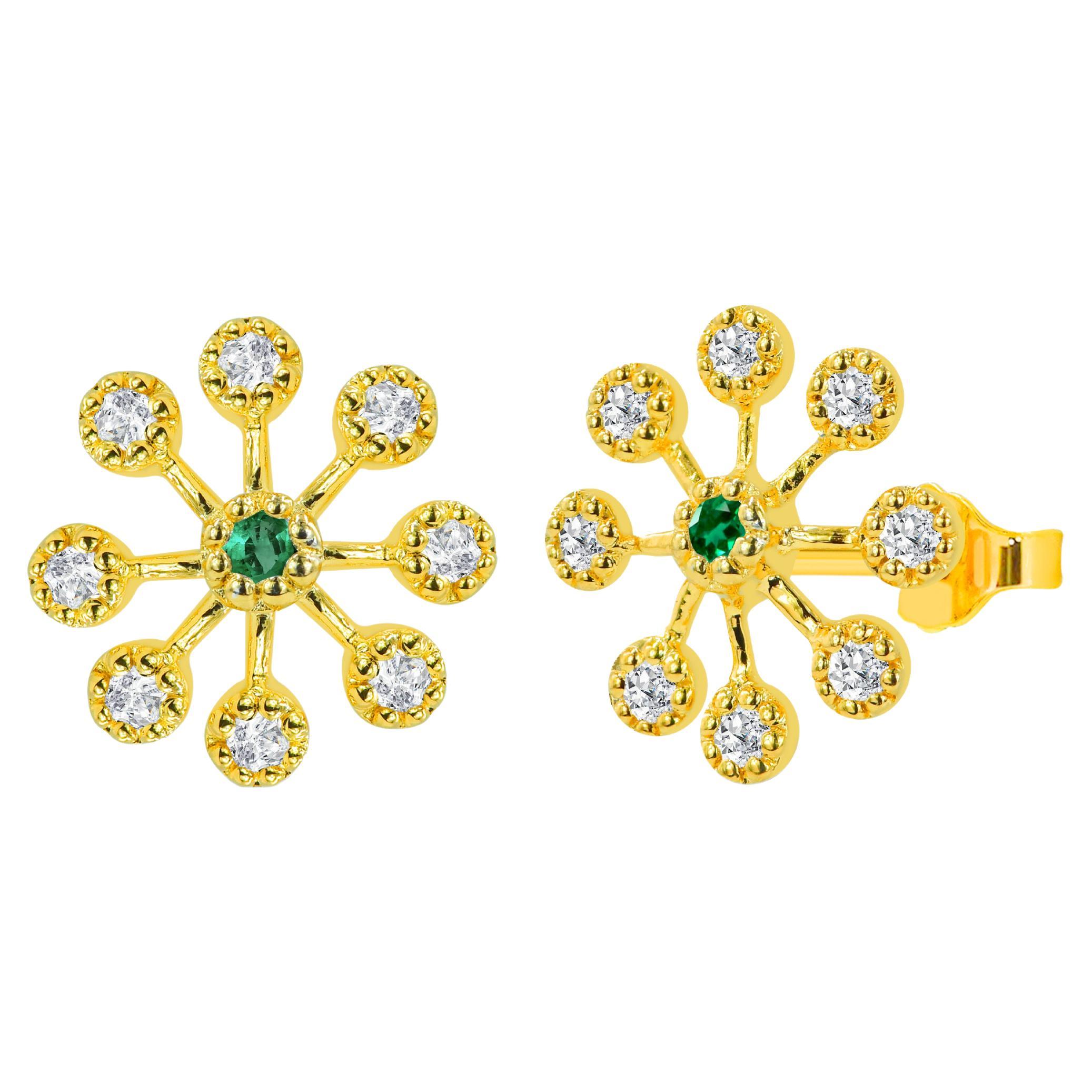 Clous d'oreilles fleur en or 18 carats avec diamants, émeraudes et saphirs de 0,30 carat