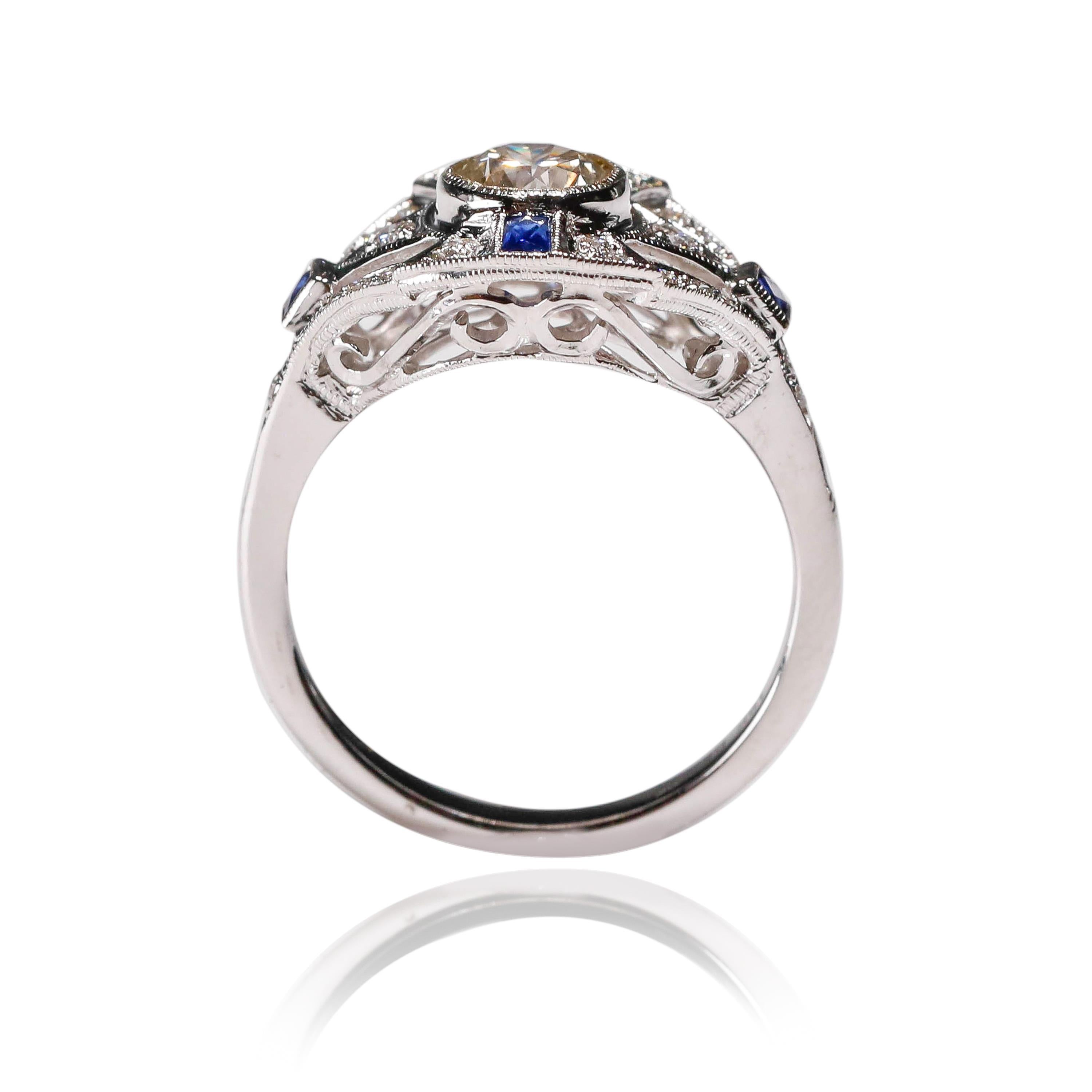 0.30 Ct Sapphire 0.72 Ct Diamond 18 Karat White Gold Round Halo Ring 

Crafted in 18 kt White Gold, this Unique design showcases a Blue Sapphire 0.3 TCW, set in a halo of round-cut mesmerizing diamonds, Polished to a brilliant shine.

Gold Purity: