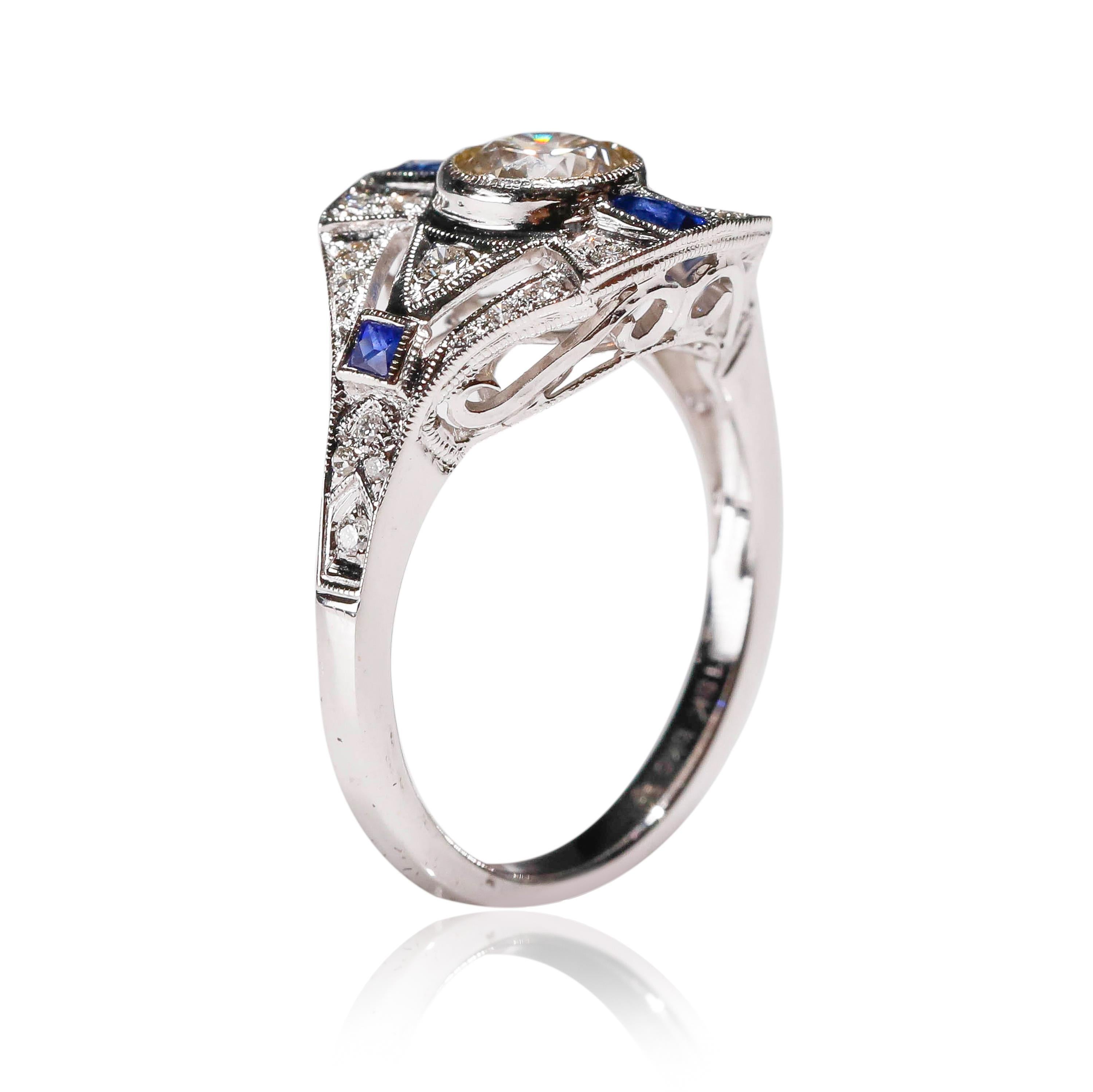 Art Deco 0.30 Carat Sapphire 0.72 Carat Diamond 18 Karat White Gold Round Halo Ring