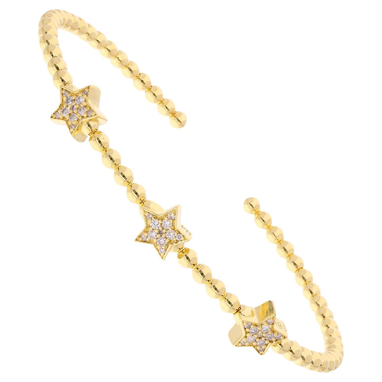 0.30 Ct SI/H Diamond Pave Three Star Cuff Bangle Bracelet 18 Karat Yellow Gold