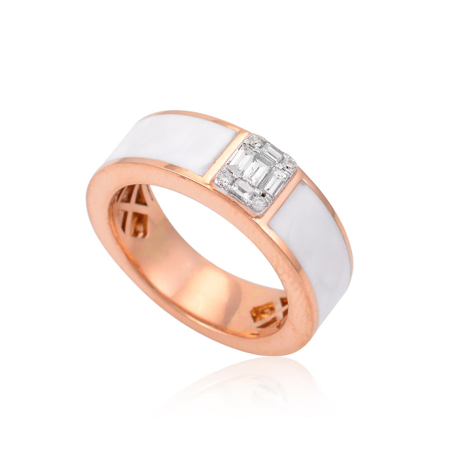 For Sale:  0.30 Ct SI/HI Baguette & Round Diamond White Enamel Band Ring 18 Karat Rose Gold 3