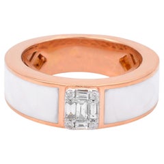 0.30 Ct SI/HI Baguette & Round Diamond White Enamel Band Ring 18 Karat Rose Gold