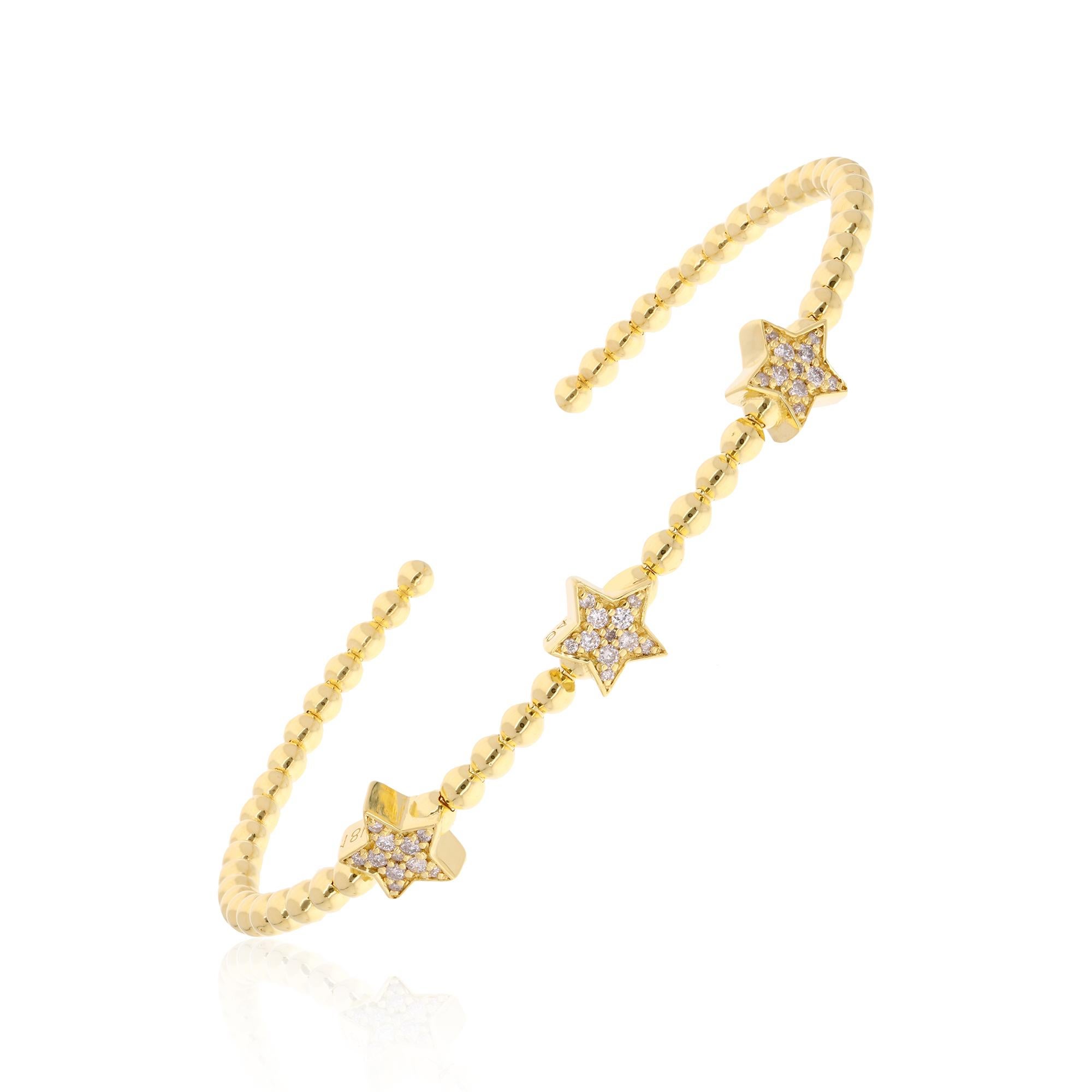 Women's 0.30 Ct SI/HI Diamond Pave Three Star Cuff Bangle Bracelet 18 Karat Yellow Gold For Sale
