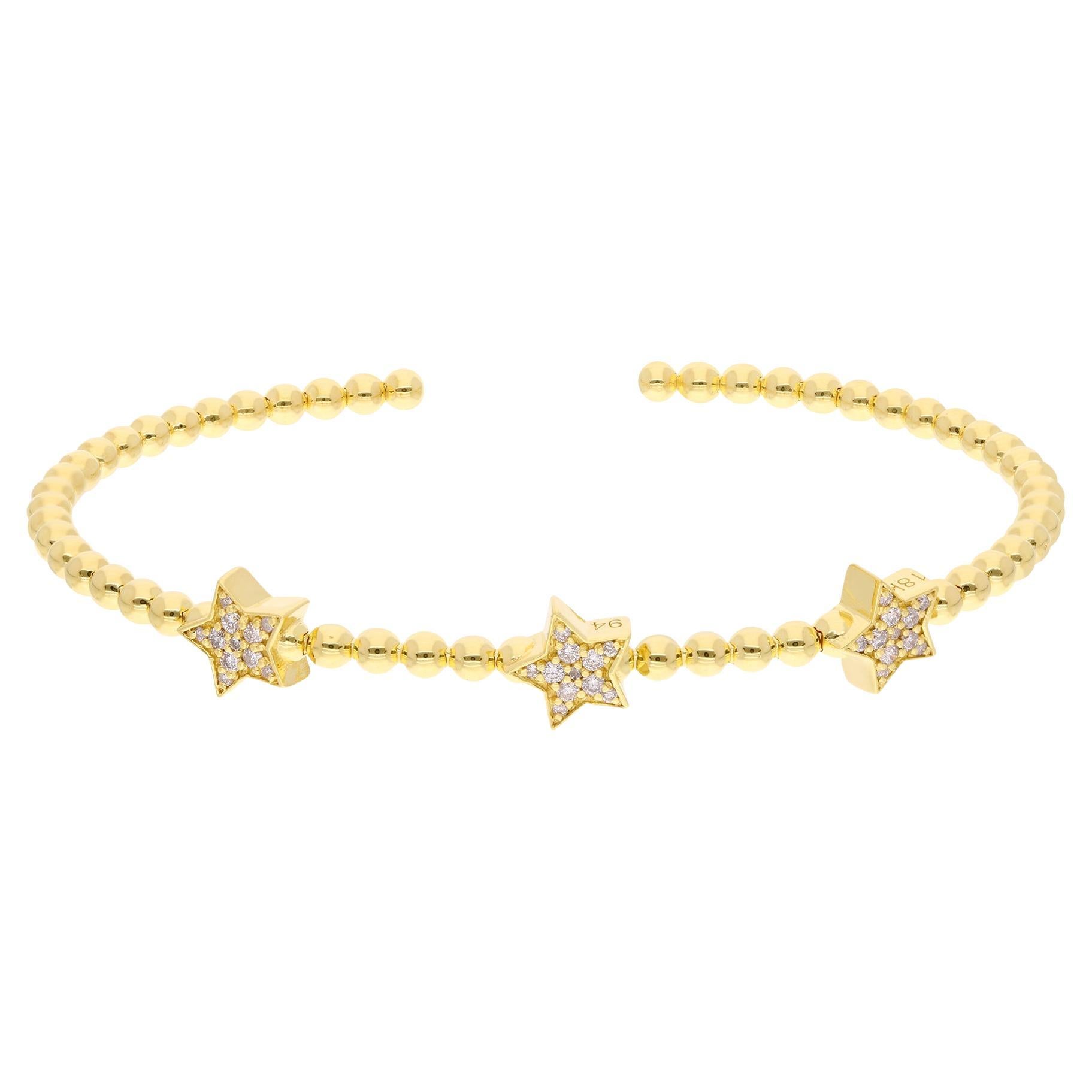 0.30 Ct SI/HI Diamond Pave Three Star Cuff Bangle Bracelet 18 Karat Yellow Gold For Sale
